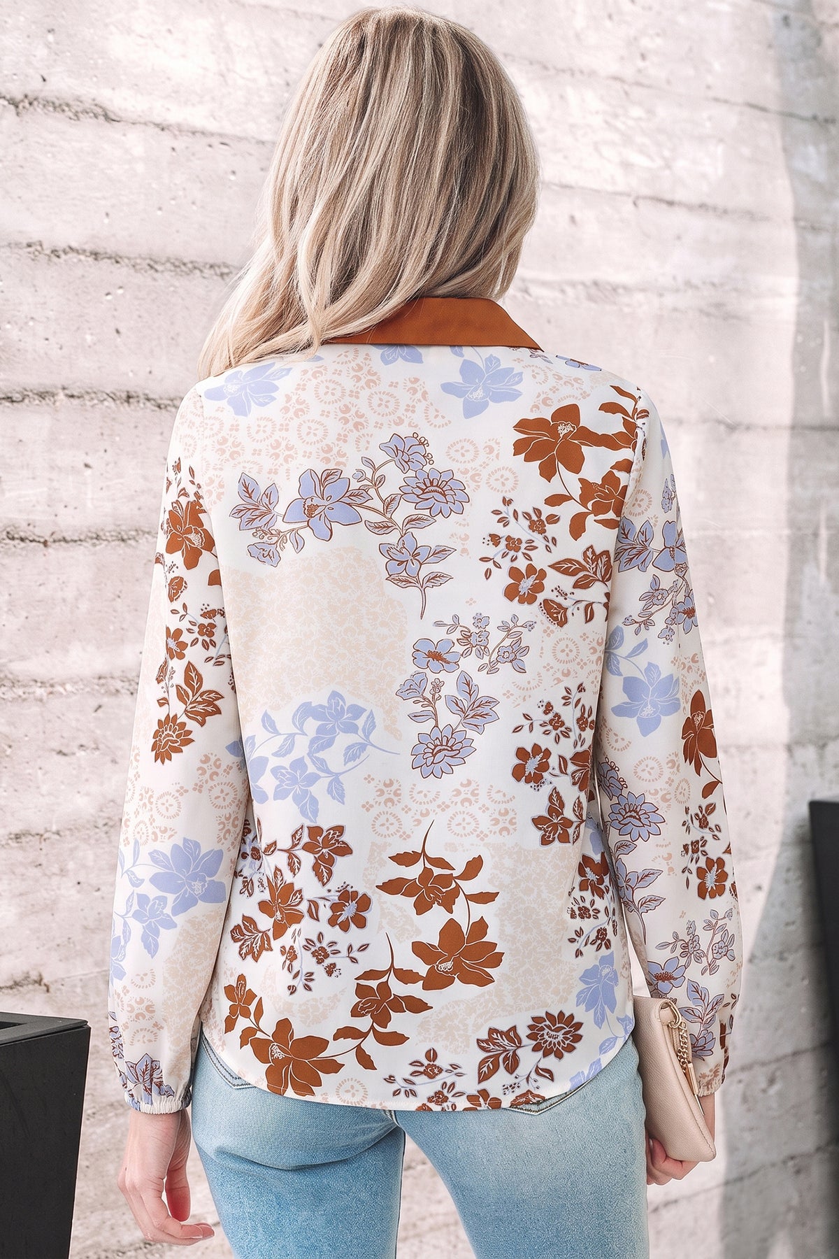White Floral Print Colorblock V Neck Blouse