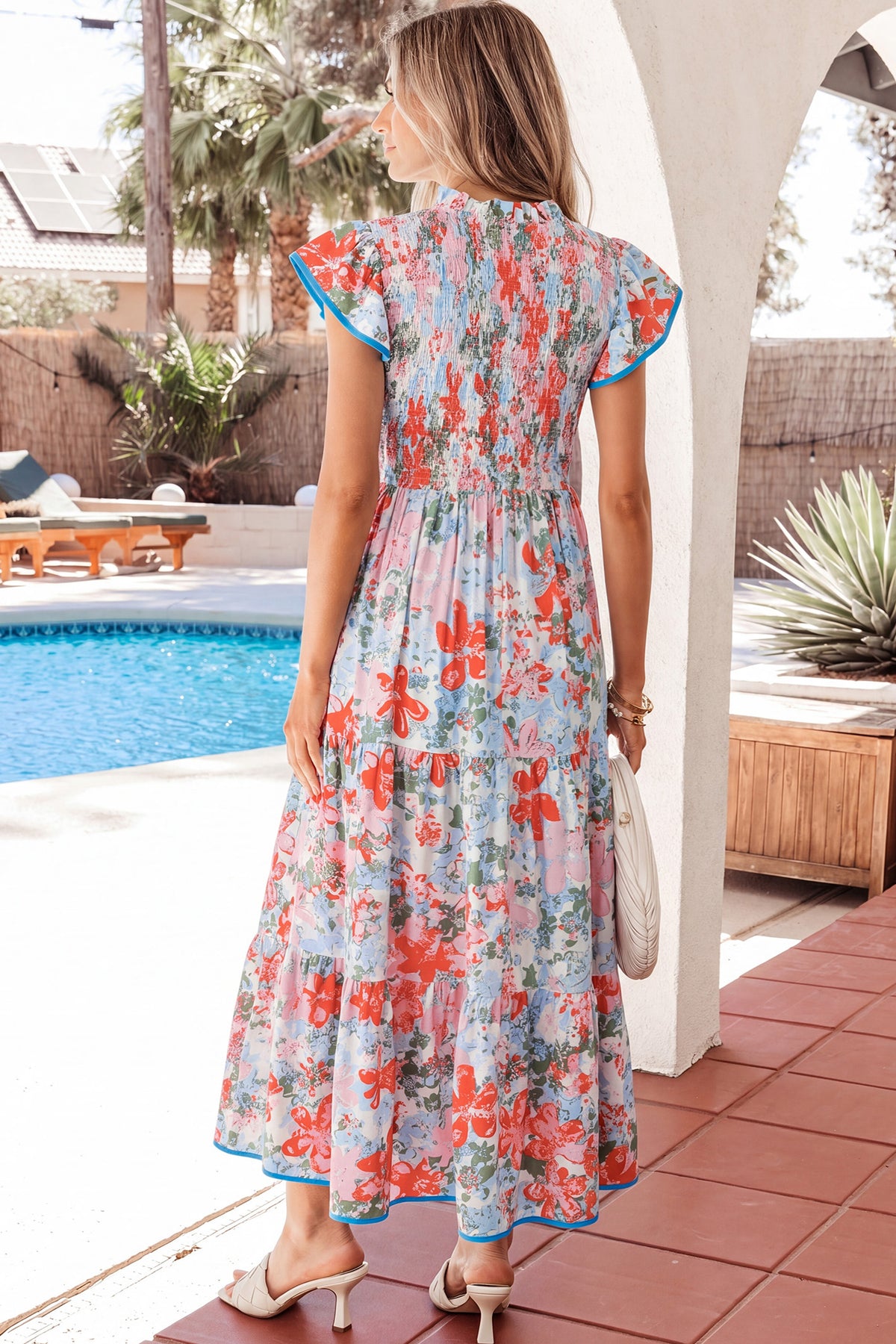 Apricot Floral V-Neck Dress