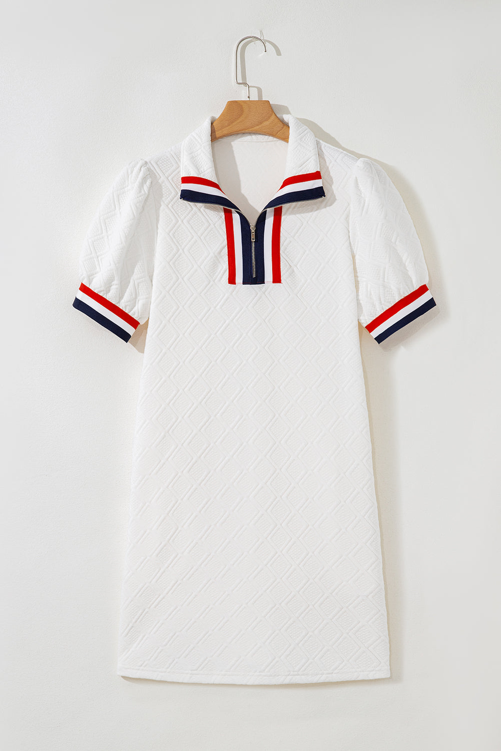 White Jacquard Colorblock Edge Puff Sleeve Quarter Zip Mini Dress