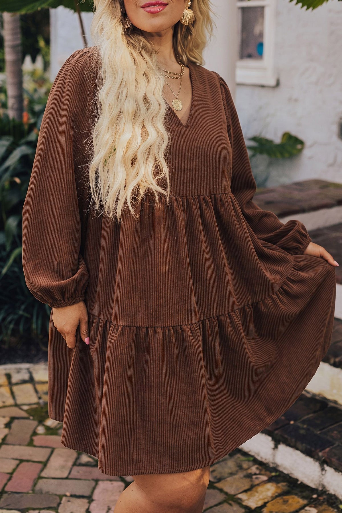 Coffee Winter Corduroy V-Neck Long-Sleeve Plus Size Mini Dress