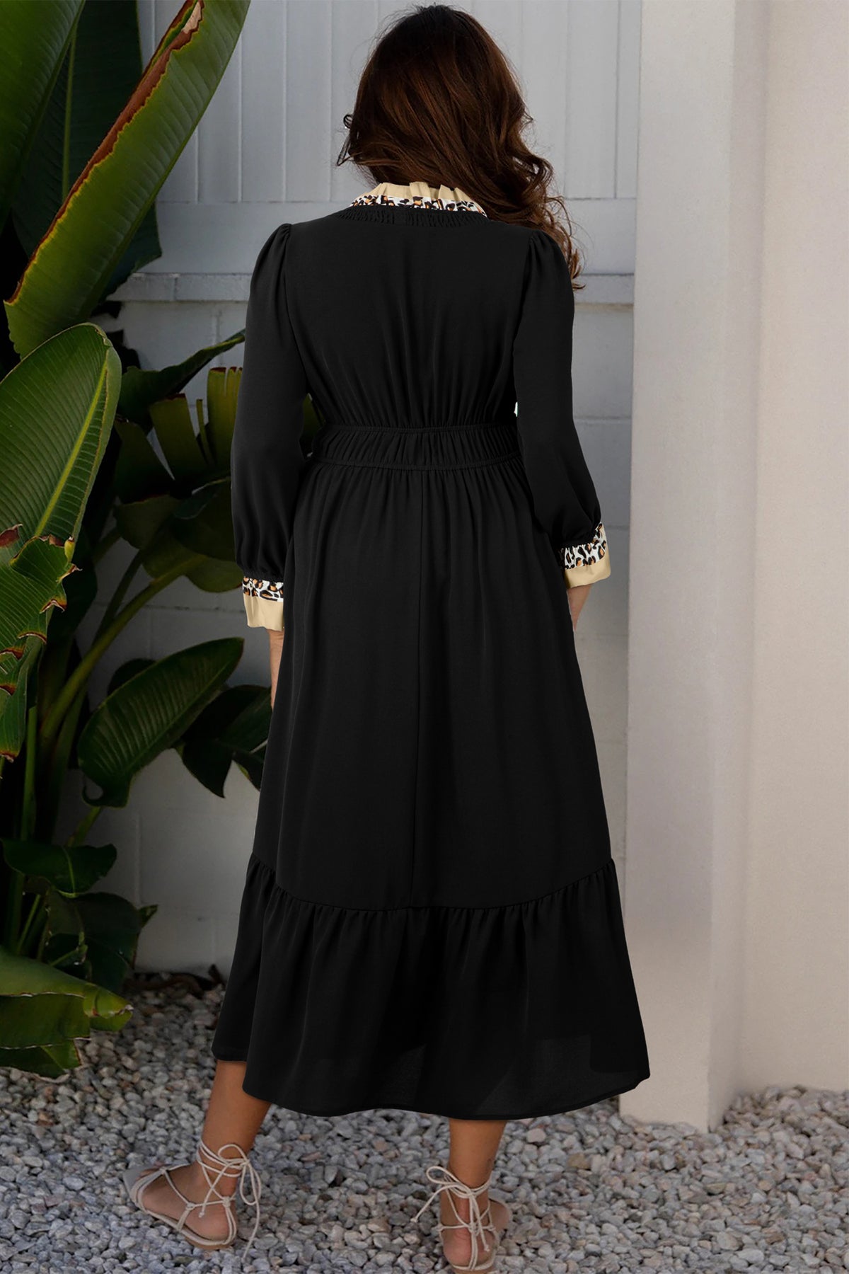 Black Contrast Leopard Trim V Neck Bracelet Sleeve Midi Dress