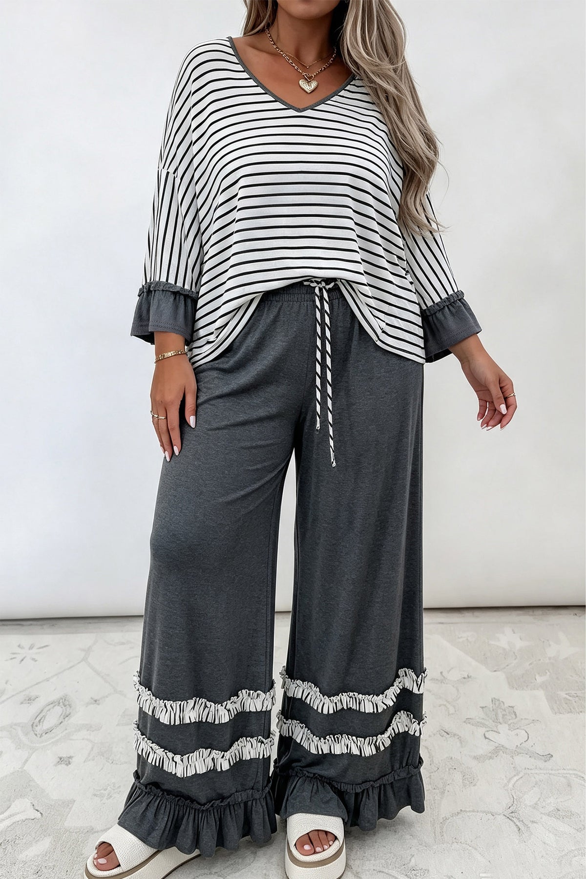 Gray Stripe Ruffled Bracelet Sleeve V Neck Plus Size Top