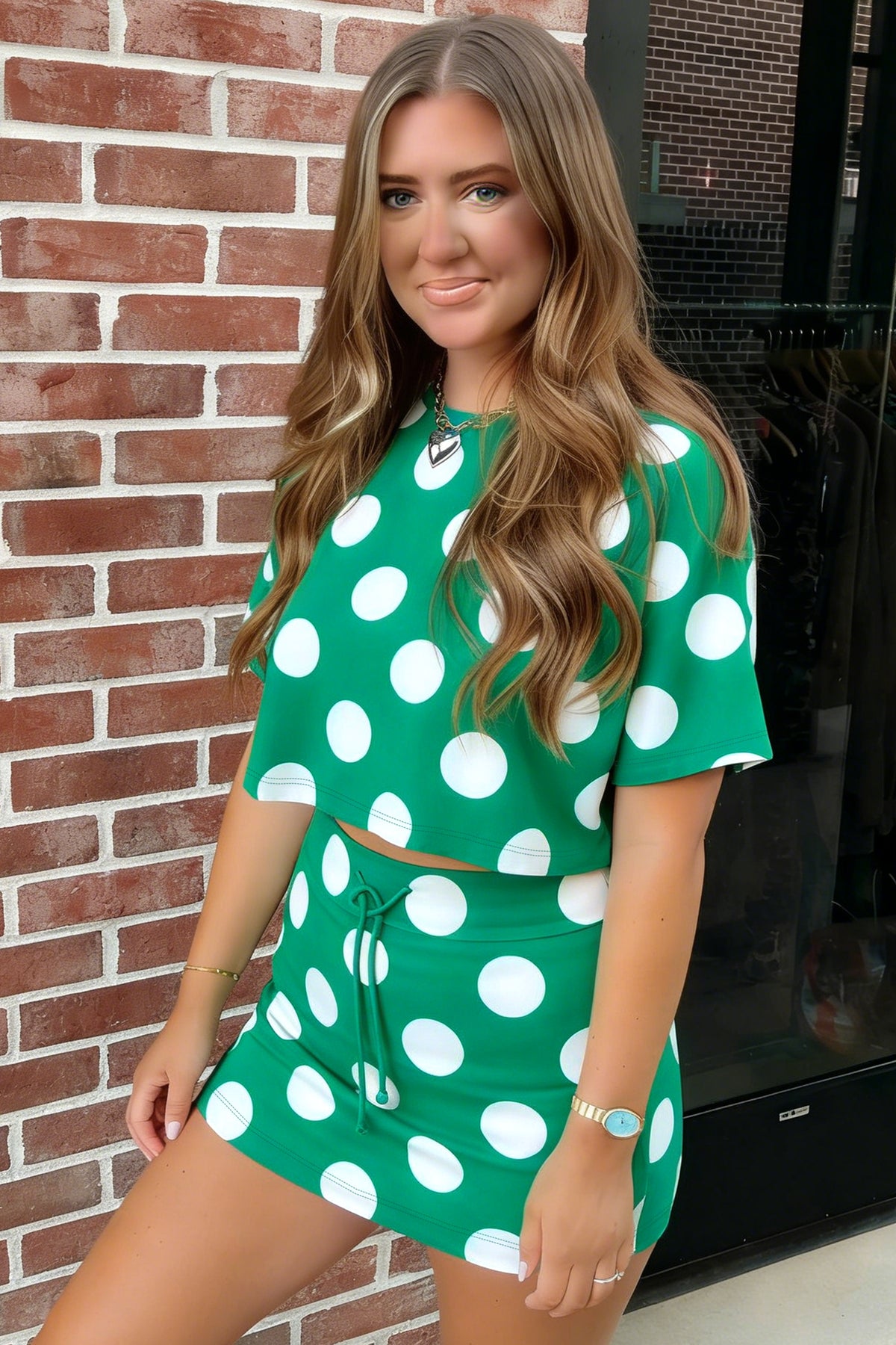 Women's Green Polka Dot Print Cropped Tee Bodycon Skort Two-Piece Set