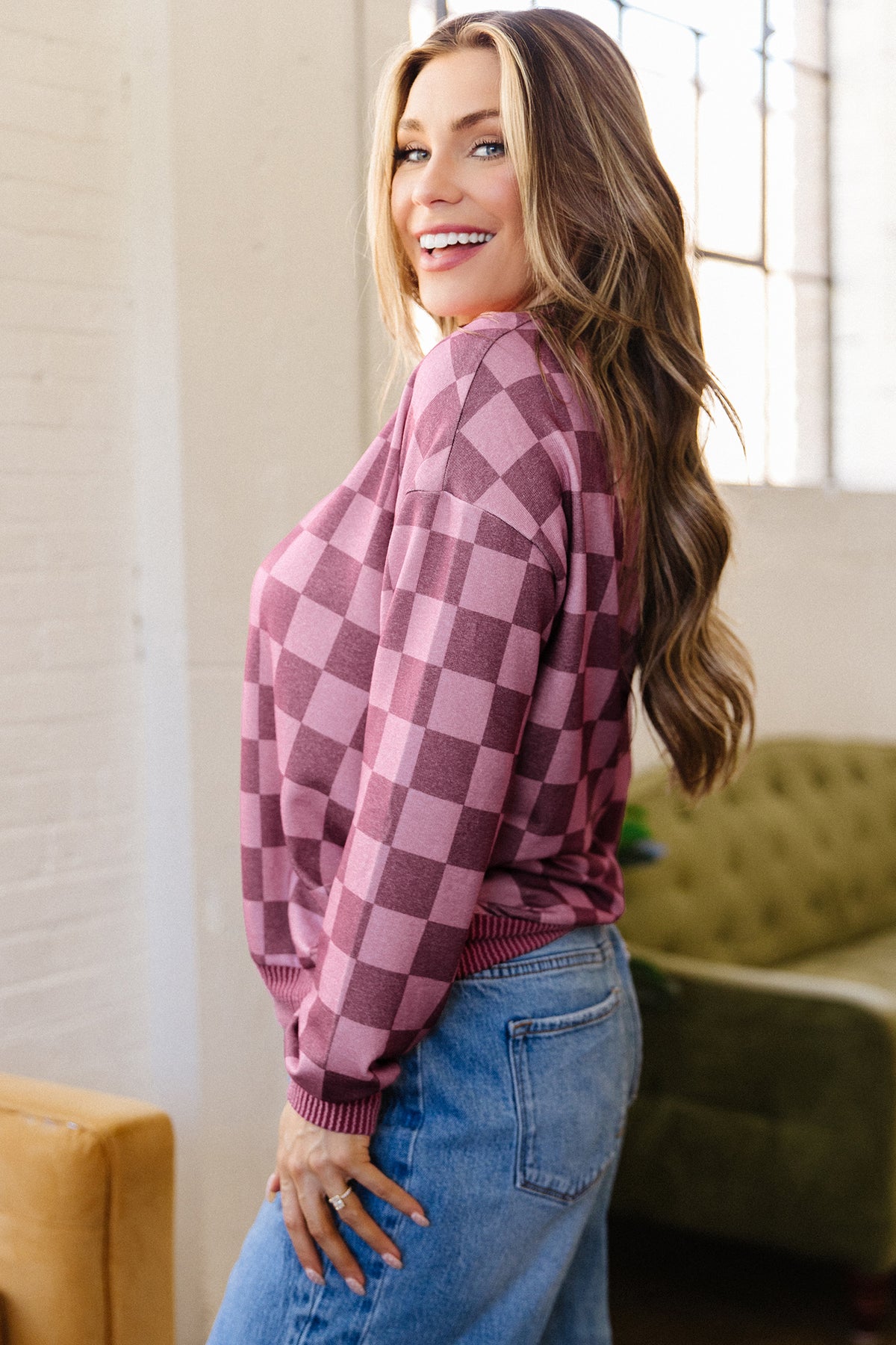 Red Ribbed Trim Checkered Print Pullover Top