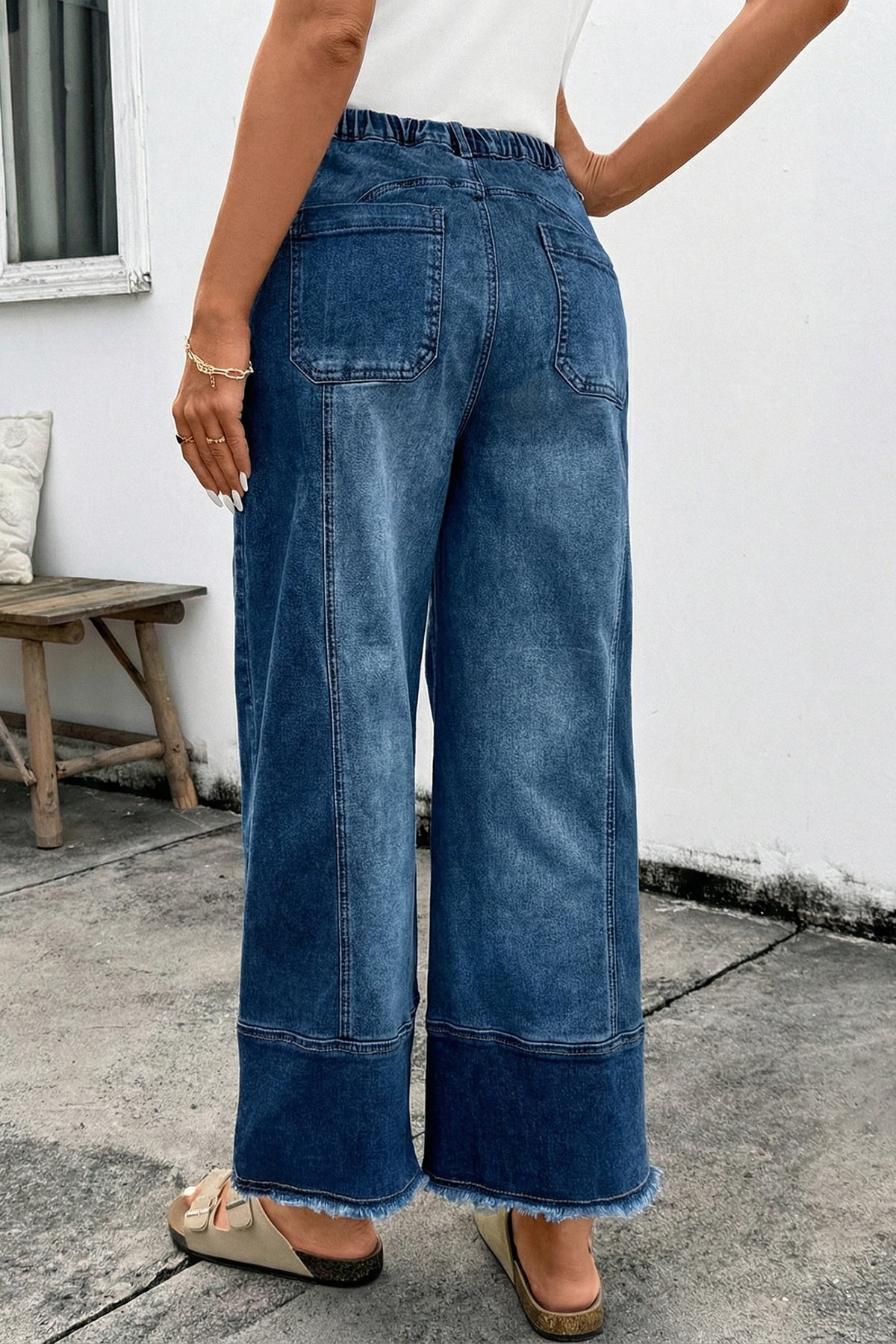 Prussian Blue Drawstring Seam Raw Hem Wide Leg Denim Pants