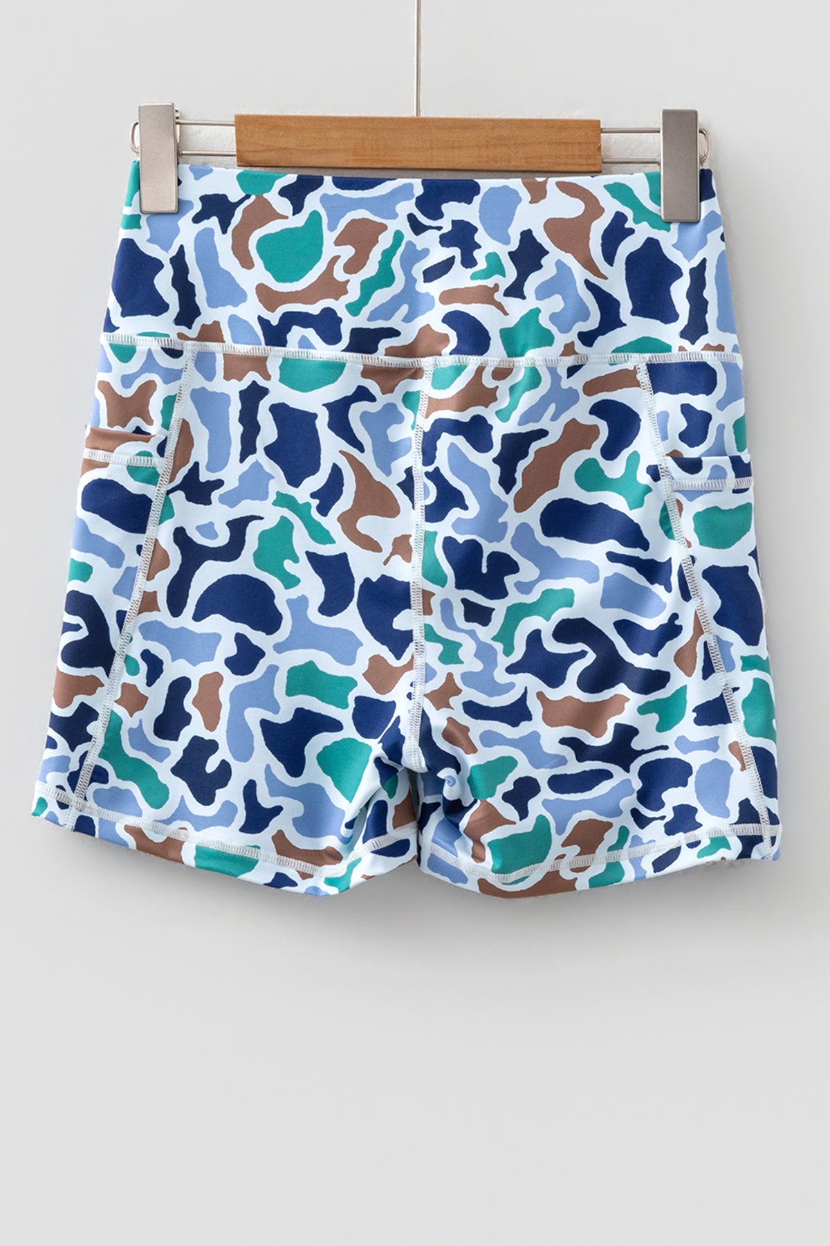 Sky Blue Abstract Camo Printed Seam Biker Shorts