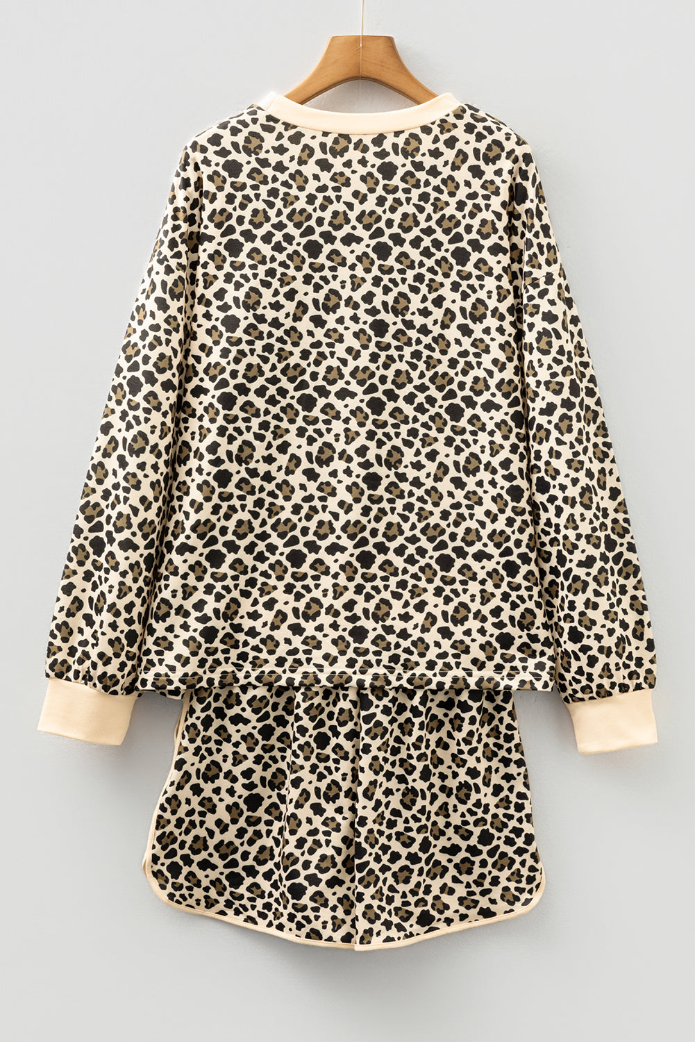 Women's Brown Leopard Print Contrast Trim Pullover Shorts Two-Piece Outfit Set