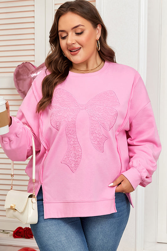 Pink Big Bow Lace Embroidered Dolman Sleeve Sweatshirt