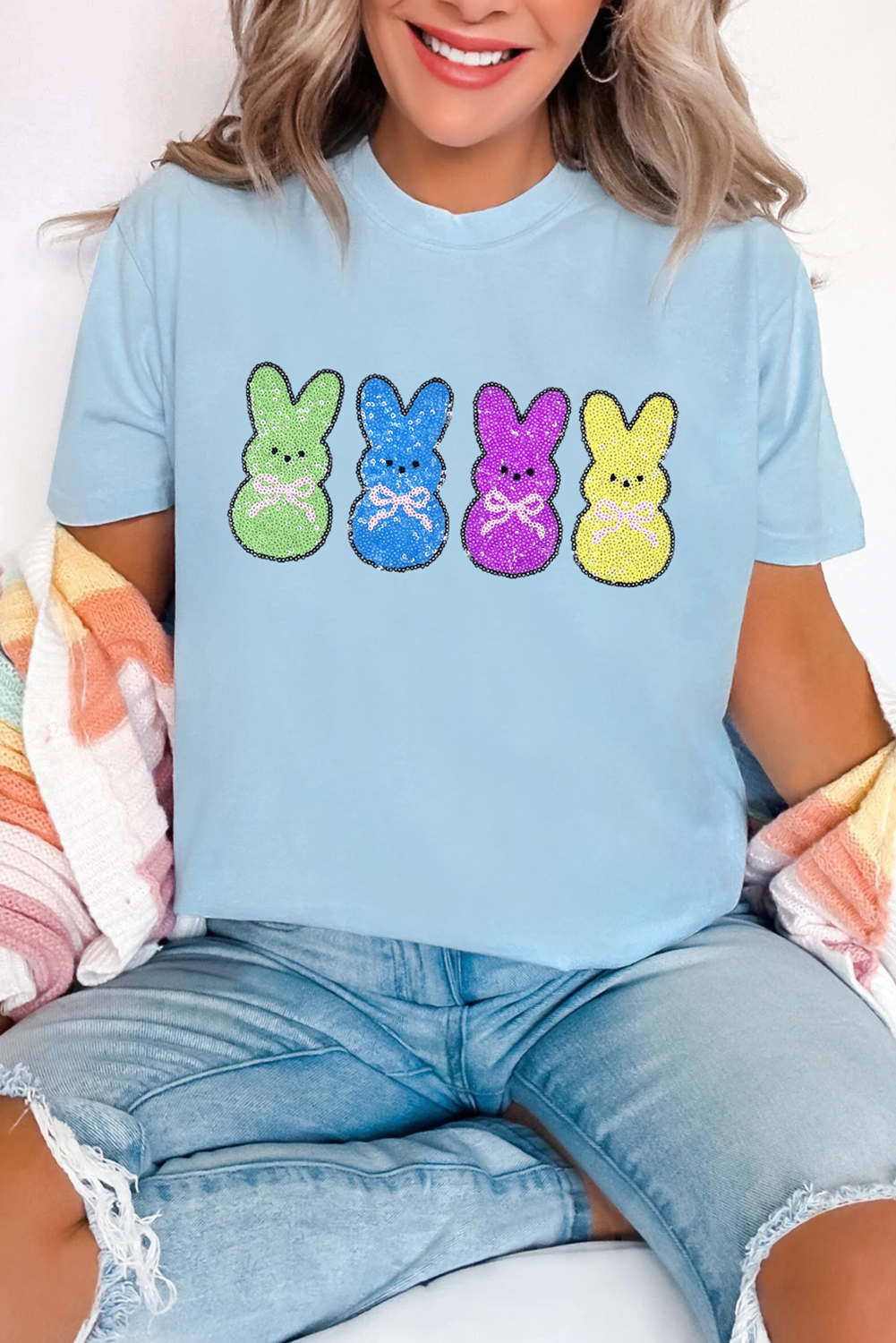 Light Blue Sequin Bunny Doll Graphic Casual T-Shirt