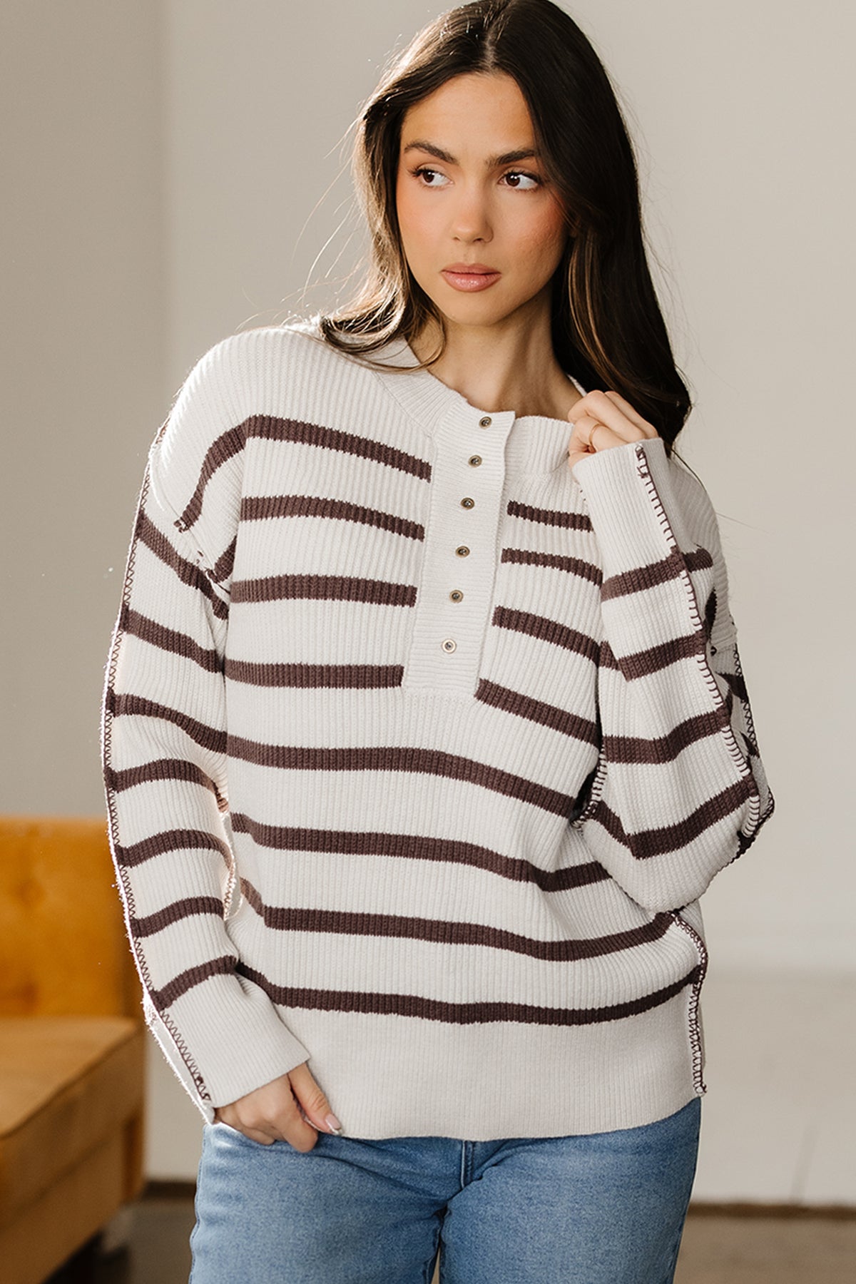 Brown Stripe Ribbed Henley Drop Shoulder Slouchy Sweater