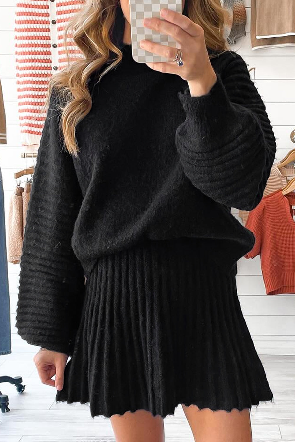Women's Black High-Neck Puff Sleeve Sweater Pleated Mini Skirt Two-Piece Knitted Outfit