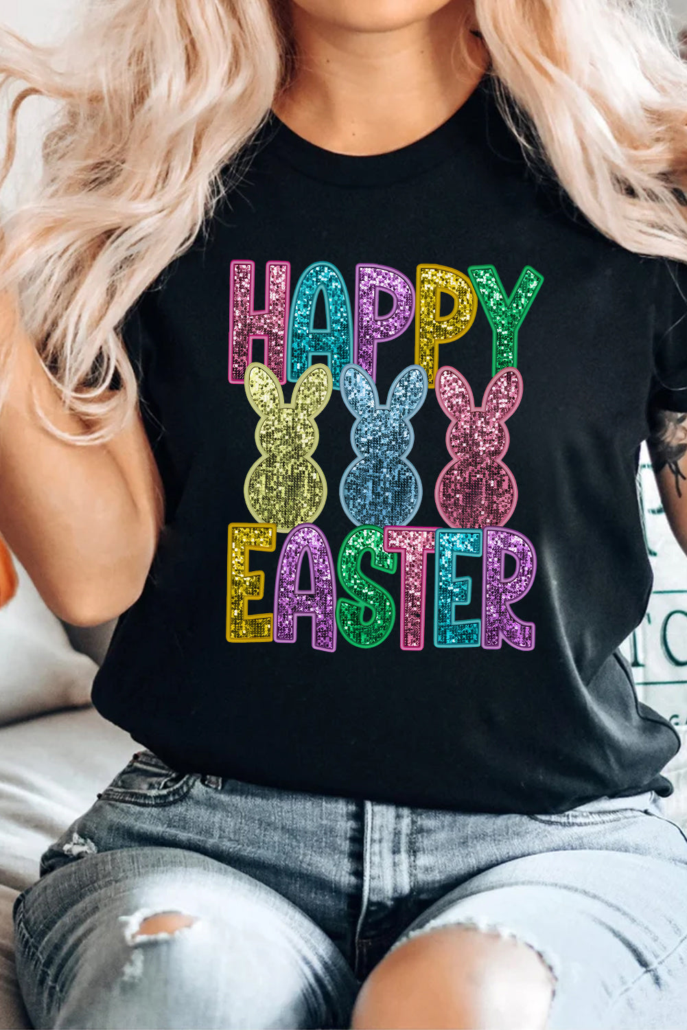 Black Glittering Bunny HAPPY EASTER Graphic T-Shirt