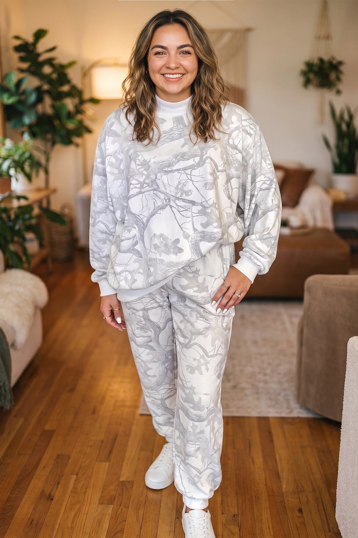 Gray Camouflage Print Stand Neck Long-Sleeve Regular Fit Plus Size Set