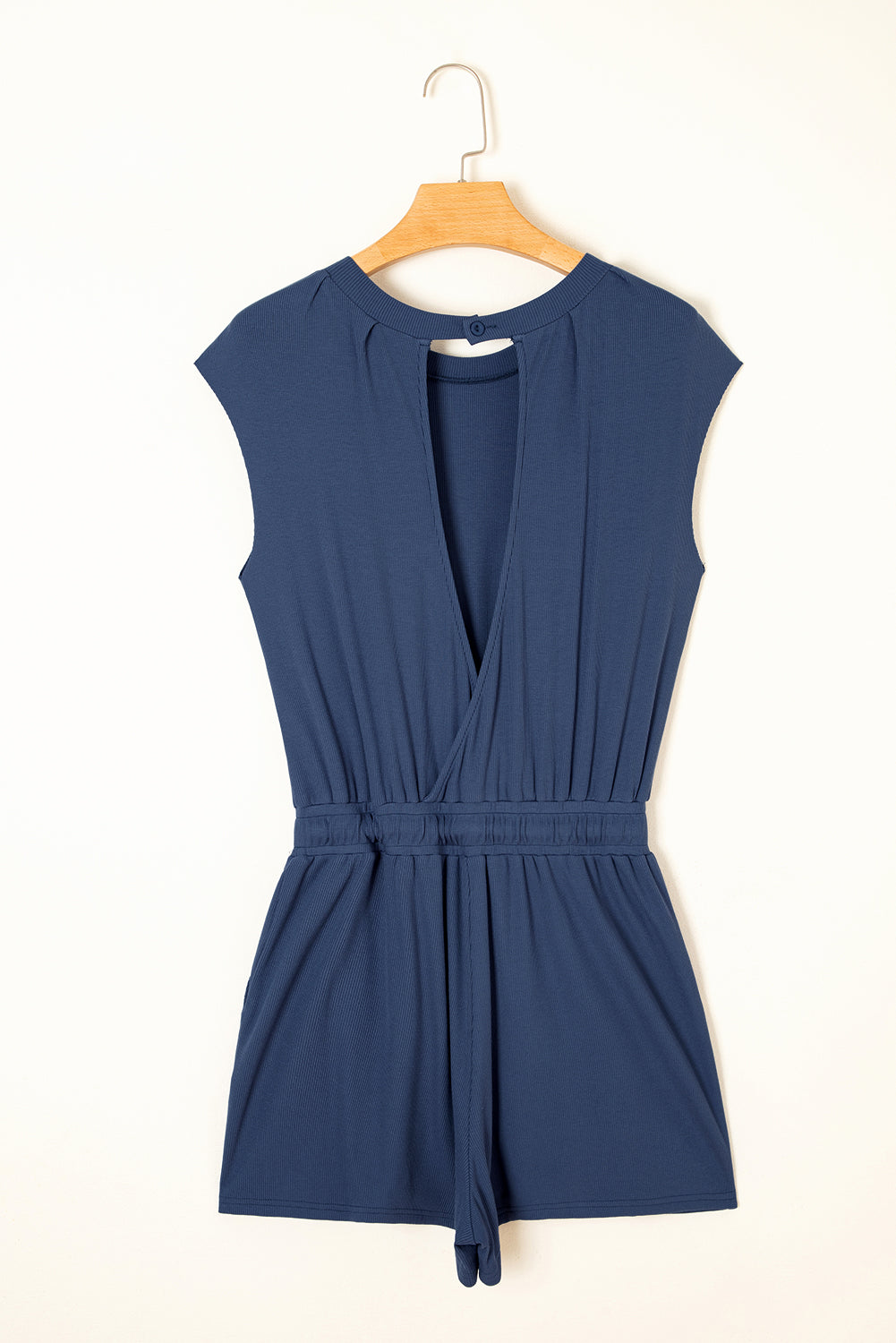 Ashleigh Blue Knit Open Back Cap Sleeve Drawstring Elastic Romper