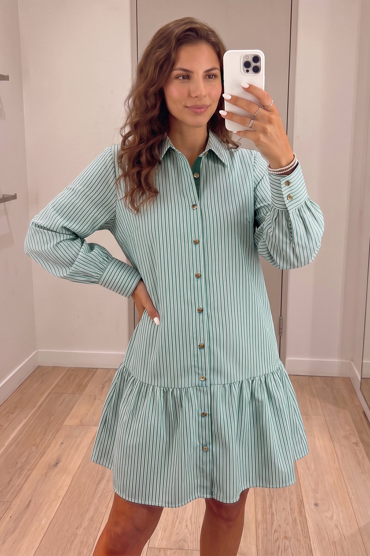 Green Stripe Shift Long Sleeve Dress