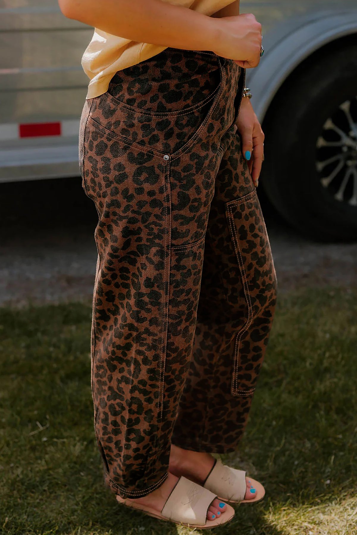 Brown Clear Seam Patchwork Leopard Print Barrel Jeans