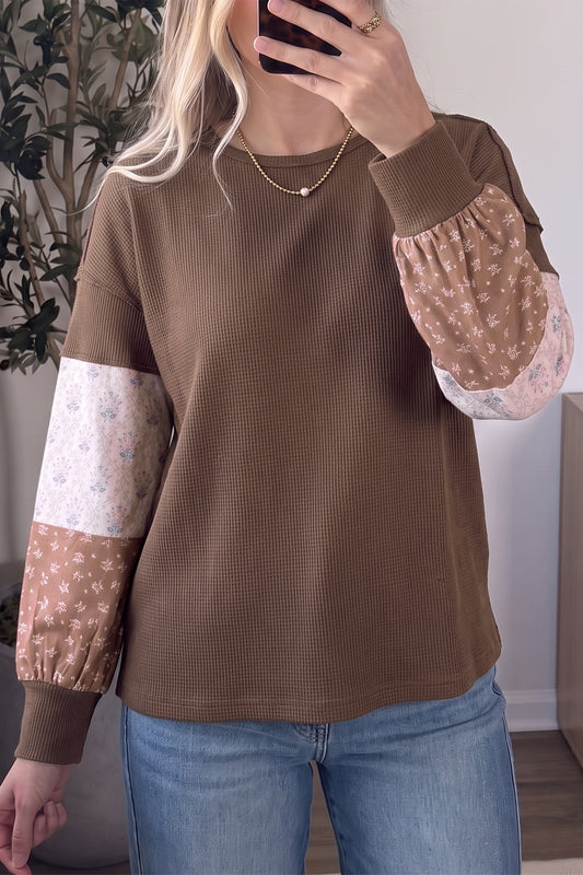 Coffee Floral Print Colorblock Textured Tunic Top