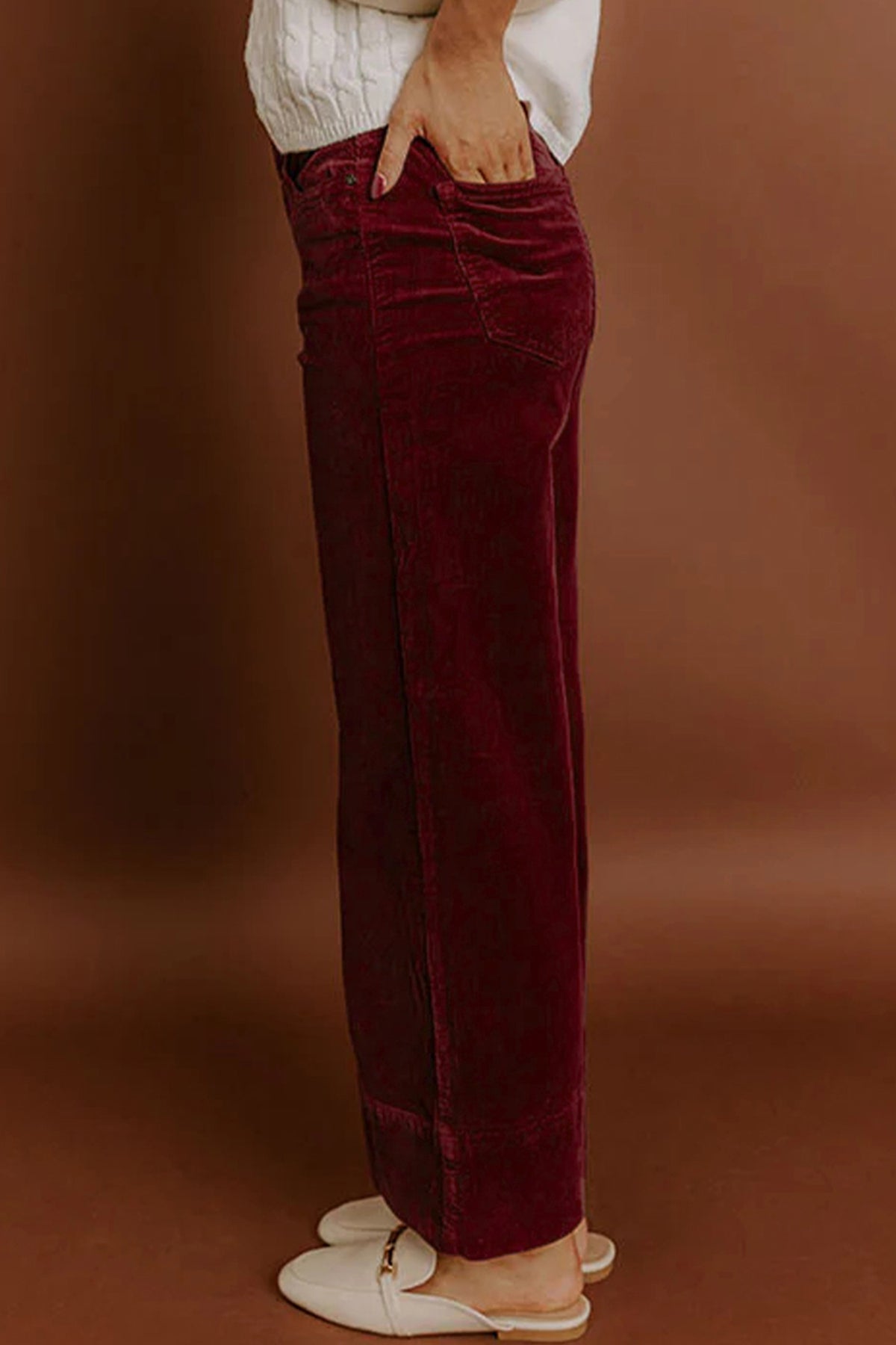 Burgundy Corduroy Solid High Waist Wide Leg Pants
