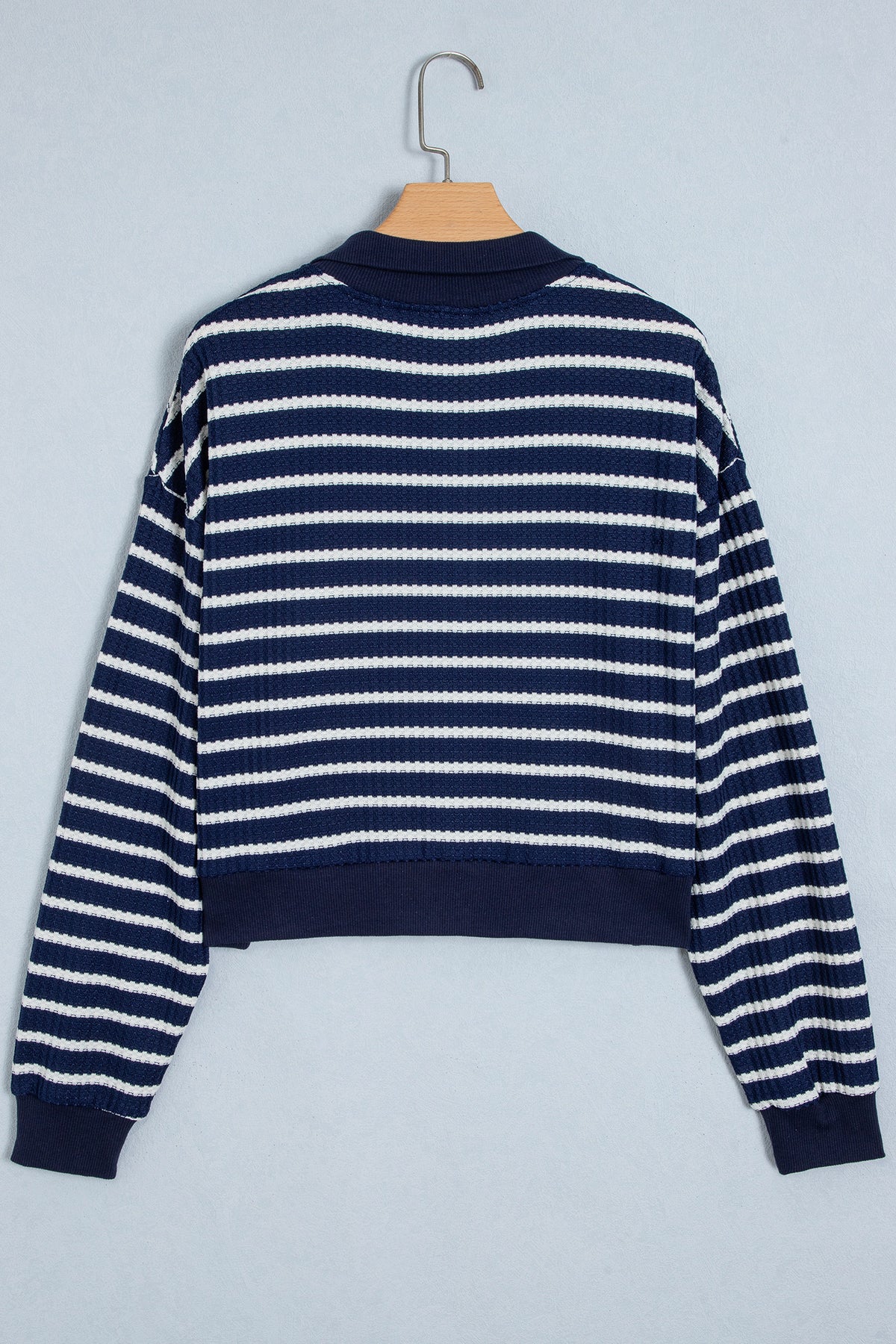 Blue Stripe Textured Knit Half Zip Collared Top
