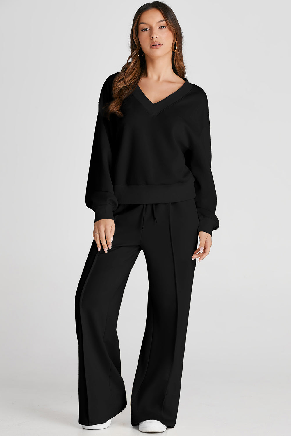 Black V Neck Cropped Seamed High Waist Activewear Set
