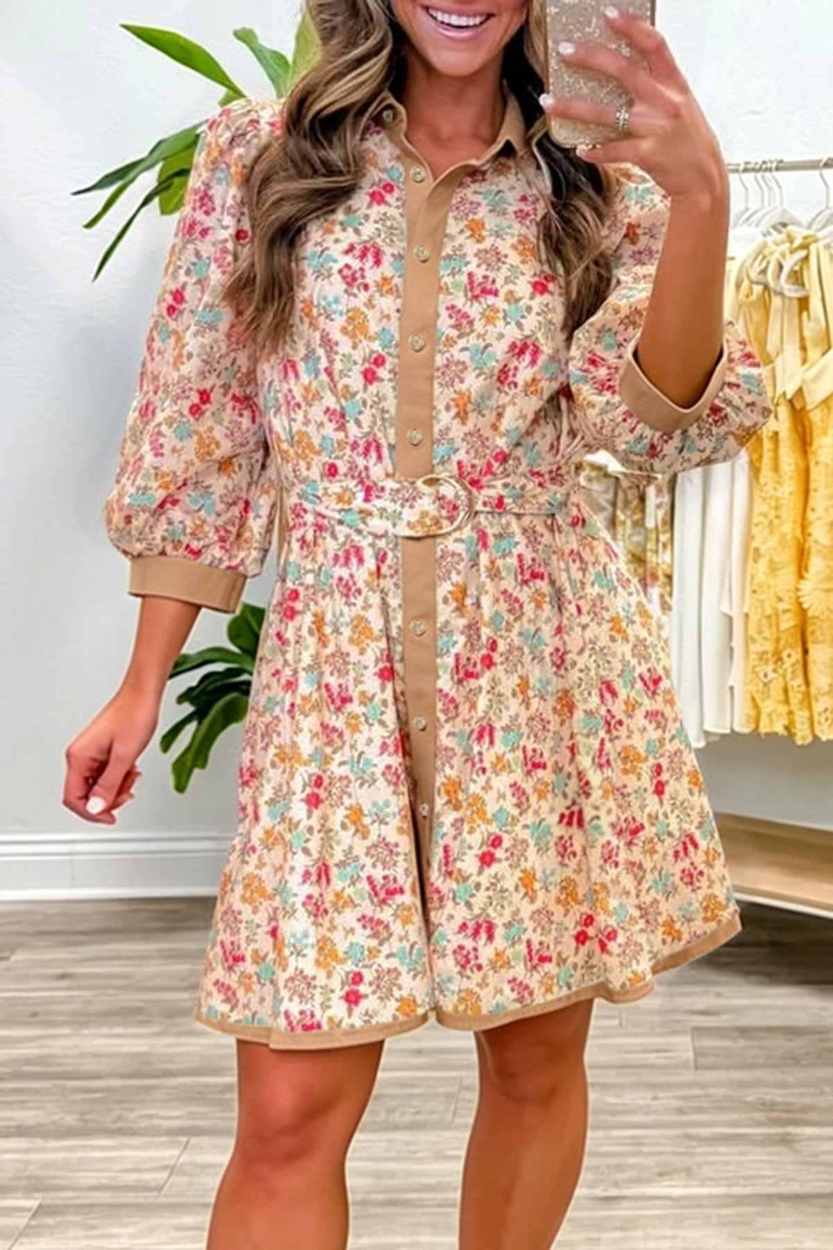 Orange Floral Print Color Block 3/4 Sleeve Belted Mini Dress