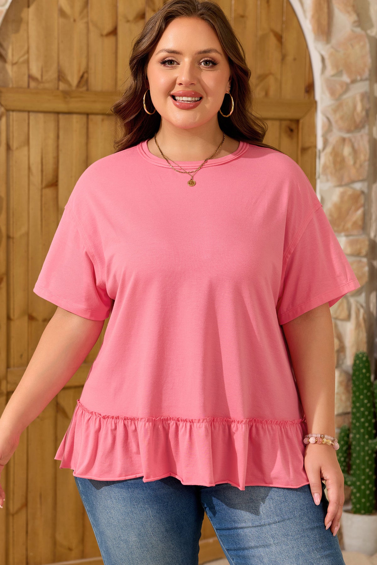 Peach Blossom Solid Color Raw-Seam Detail Ruffle Hem Plus Size T-Shirt