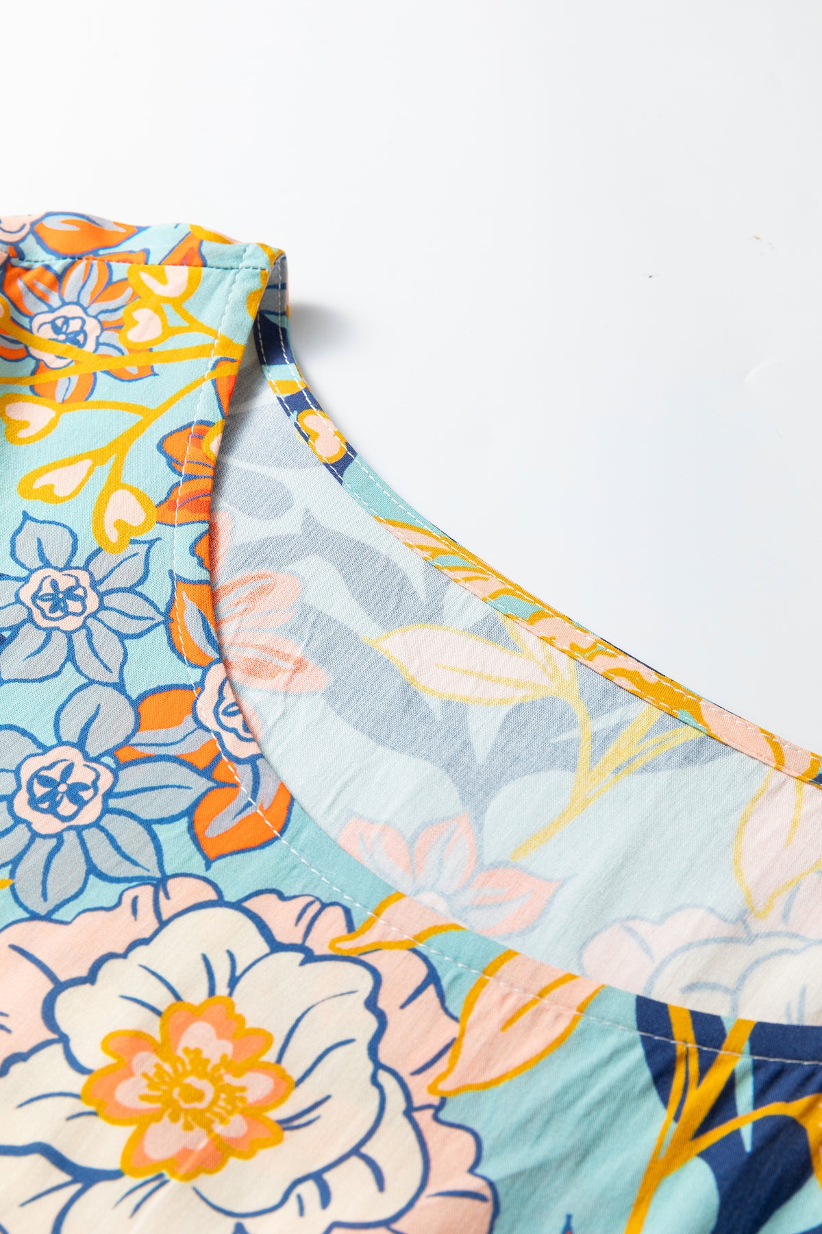 Blue Plus Size Floral Ruffled Long-Sleeve Flowy Mini Dress
