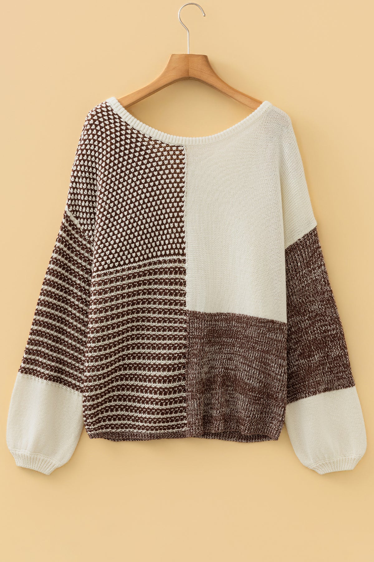 Dark Khaki Color Block Back Tie Drop Shoulder Loose Sweater
