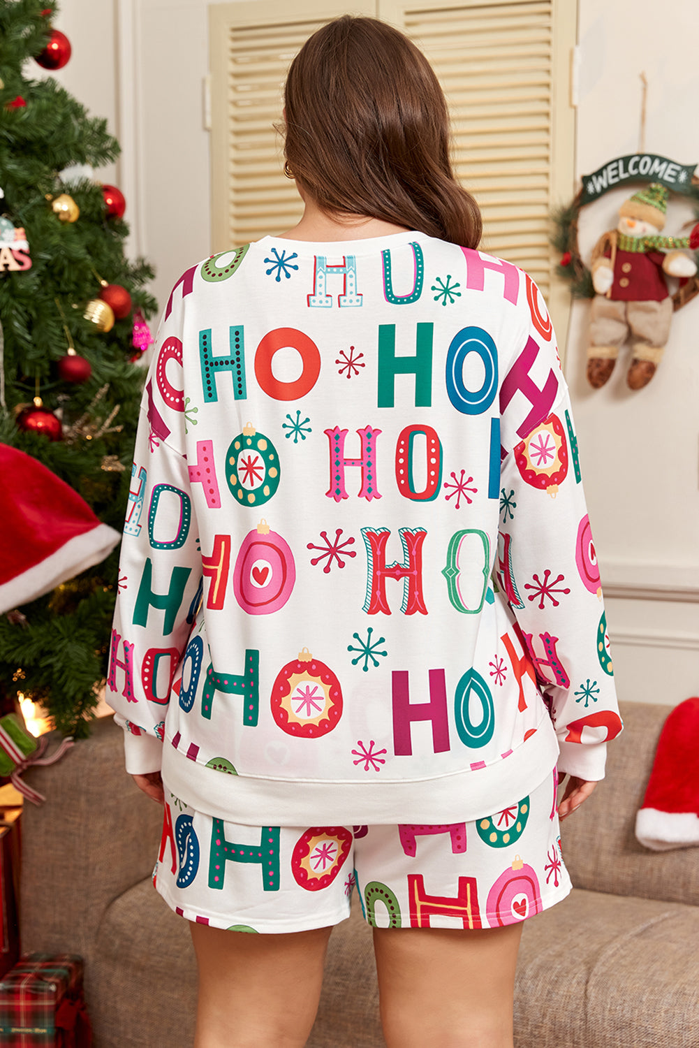 White Plus Size Christmas Ho Ho Ho Print Long-Sleeve Top and Shorts 2pc Lounge Set