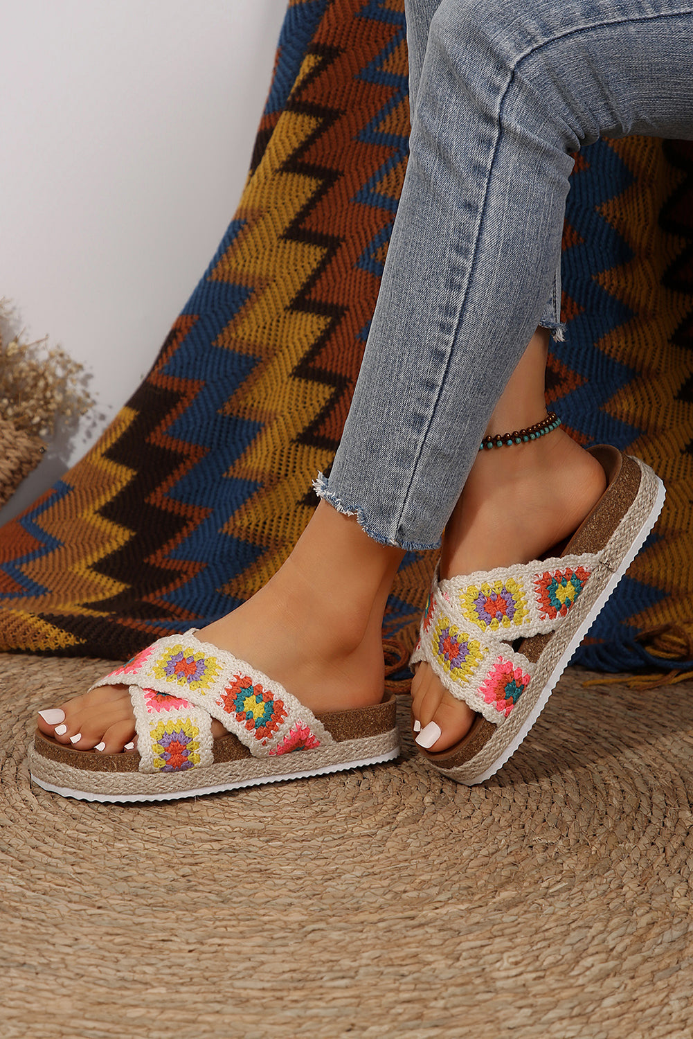 White Geometric Woven Crisscross Strap Platform Sandals