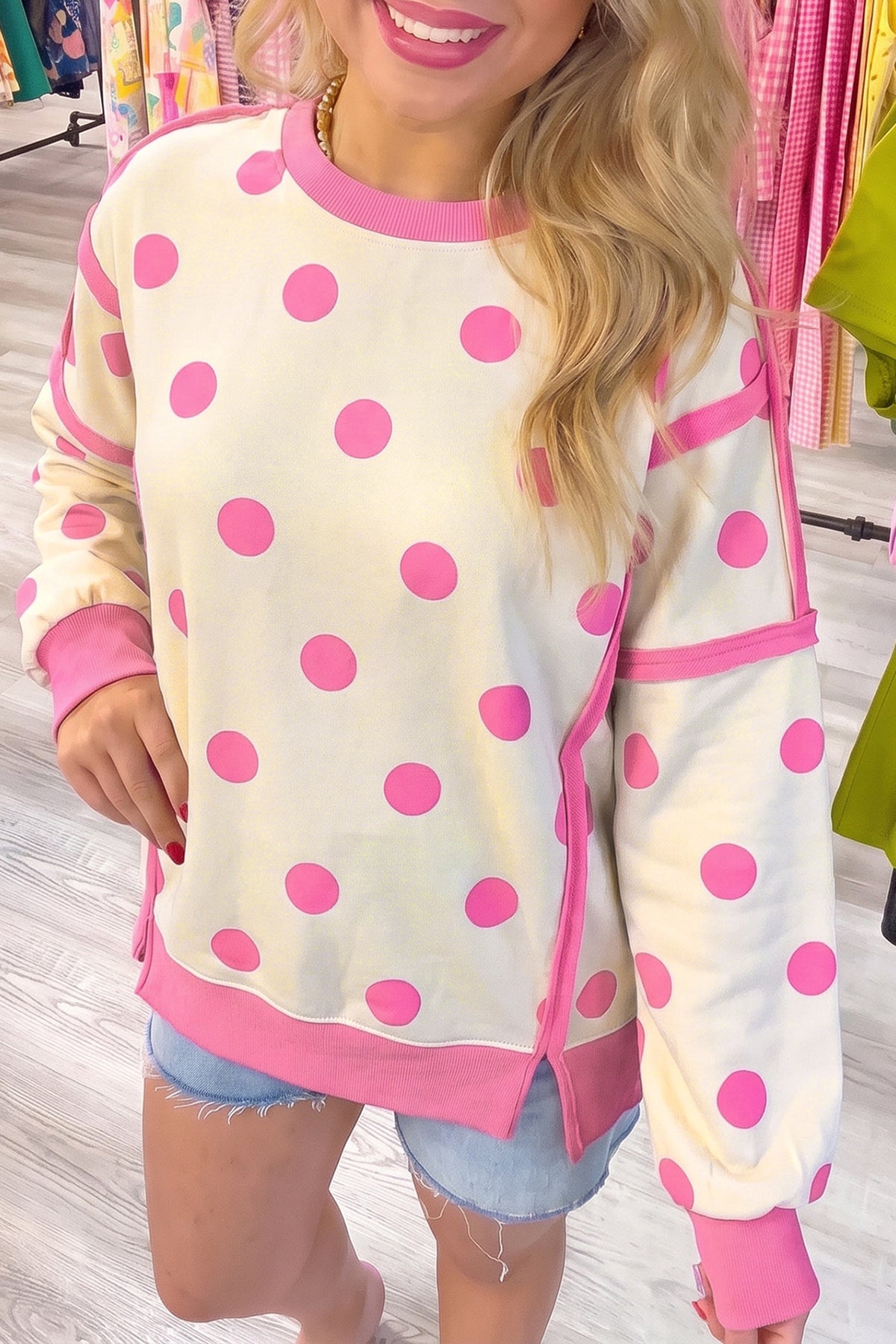 White Polka Dot Contrast Patchwork Round Neck Sweatshirt