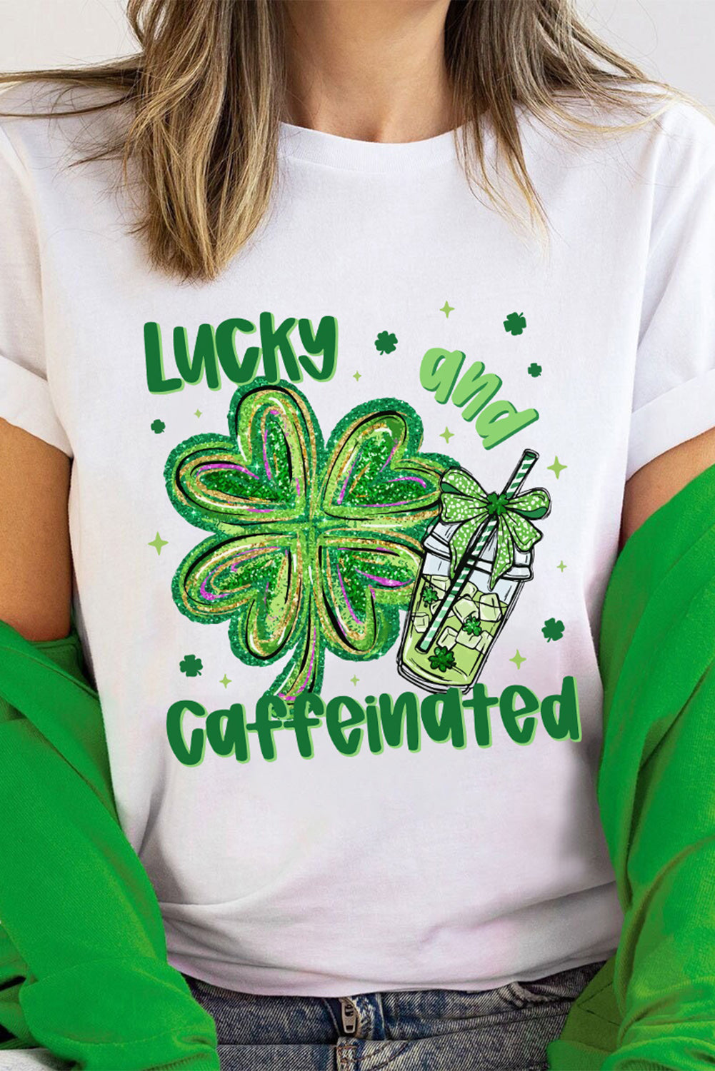 White Lucky and Caffeinated Clover Graphic St Patrick Tee