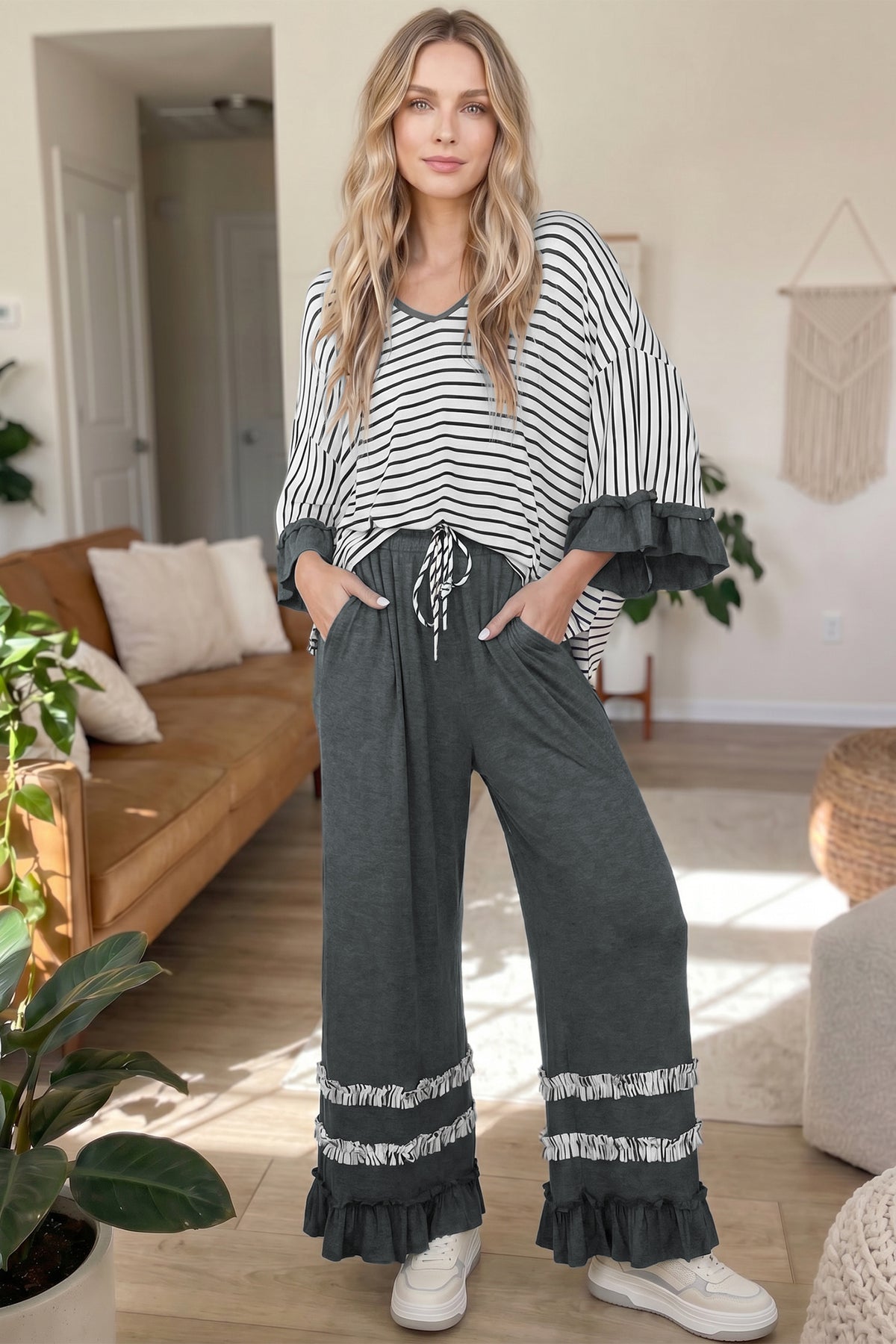 Women's Khaki Stripe V-Neck Ruffle Contrast Sleeve Top Drawstring Pants Two-Piece Set