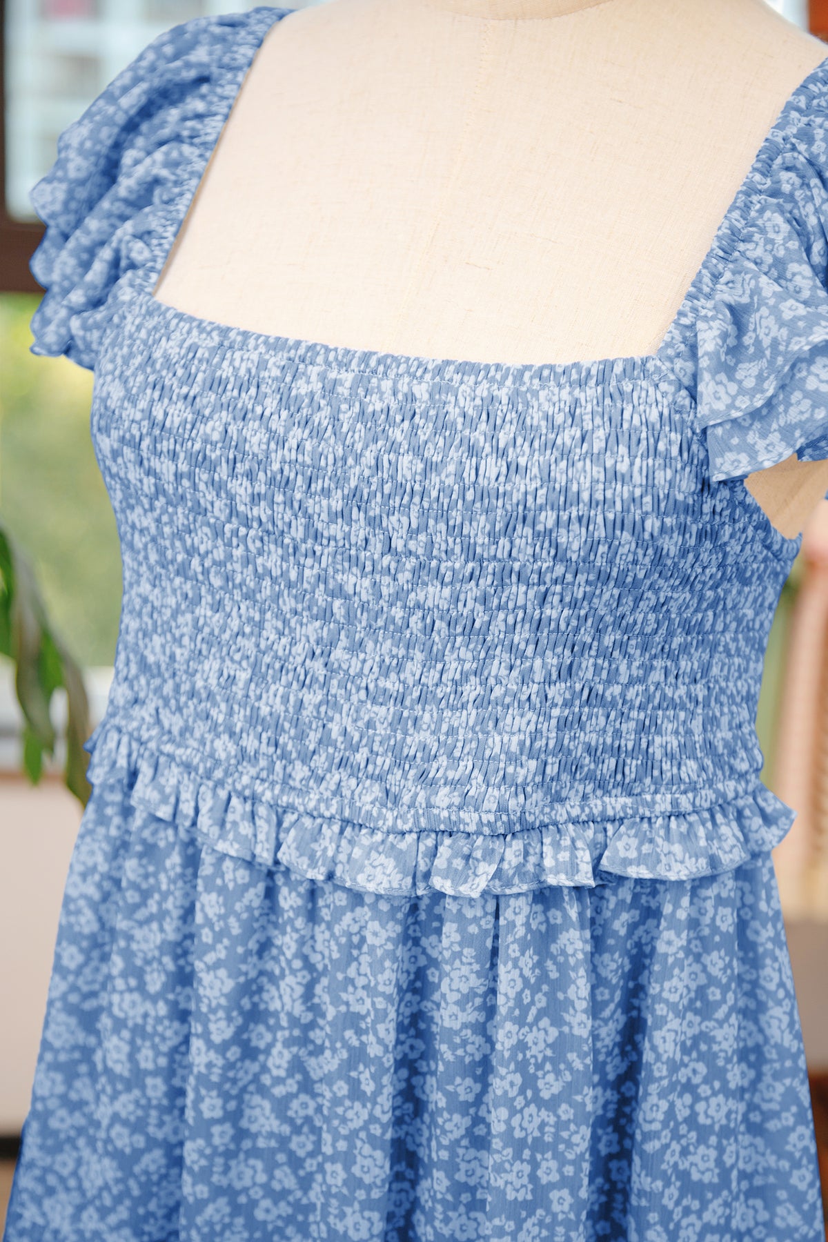 Sky Blue Floral Square Neck Flutter Sleeve Smocked Tiered Mini Dress
