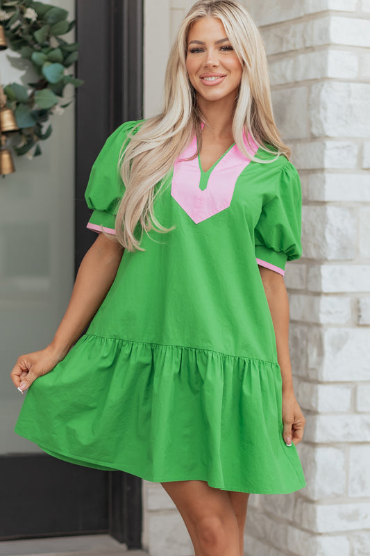 Green Color Block Ruffle Mini Dress