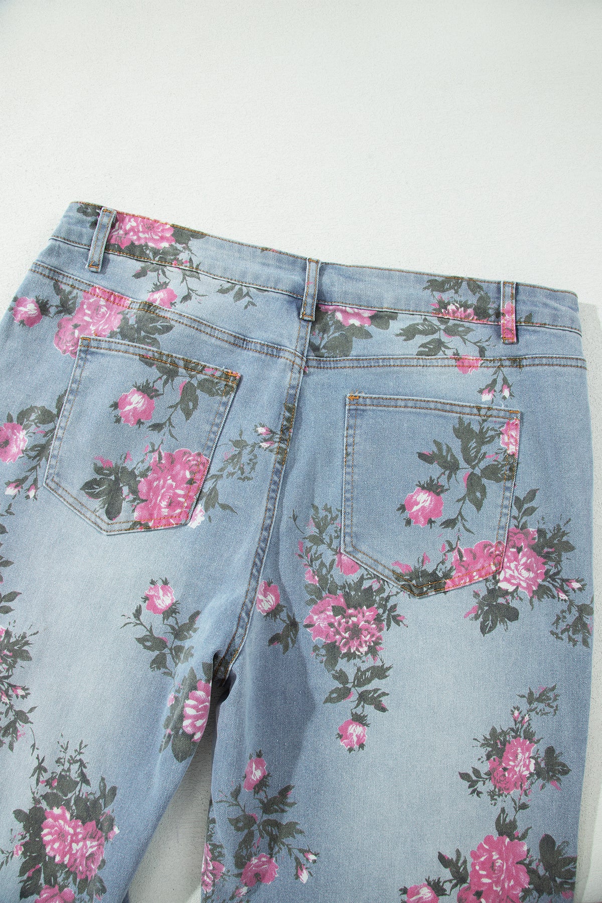 Sky Blue Plus Size Floral Print Ankle-Length Loose Jeans