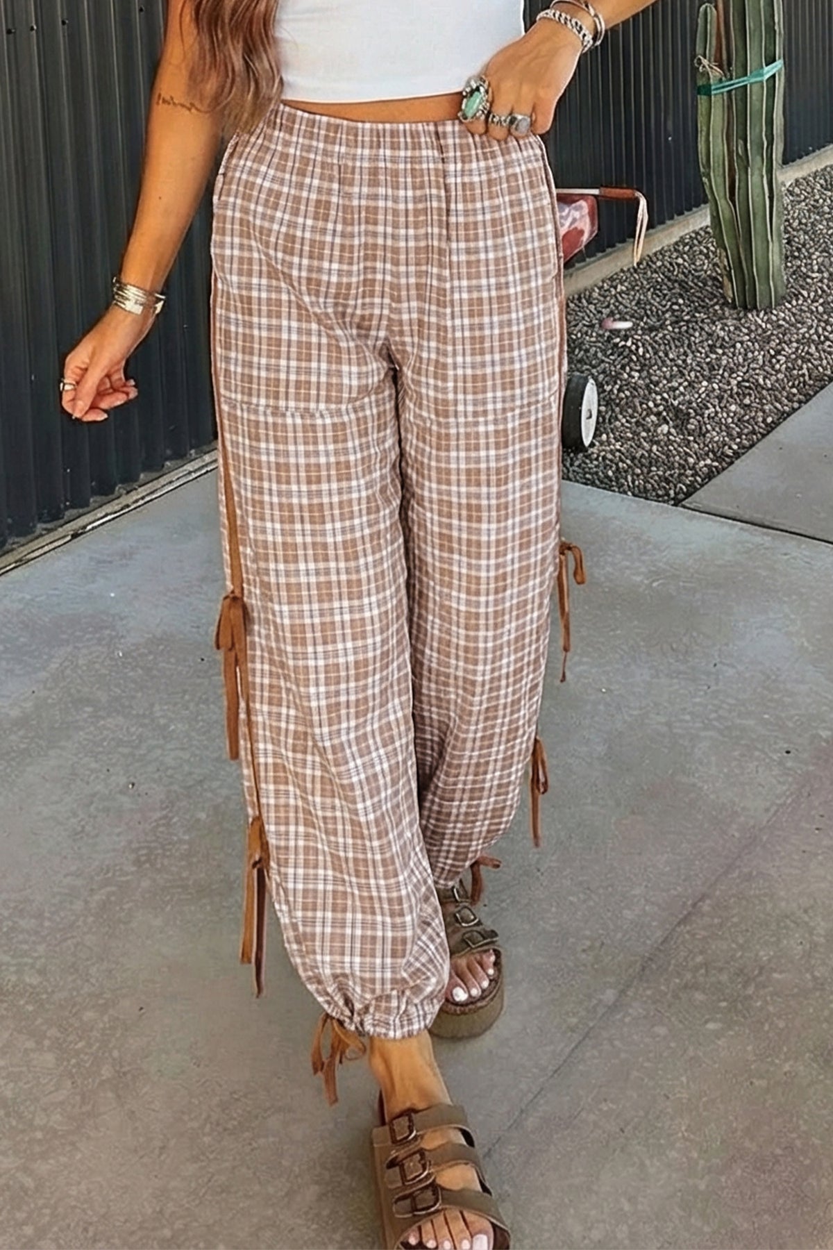 Chestnut Plaid Print Elastic Waist Bow Tie Contrast Jogger Pants