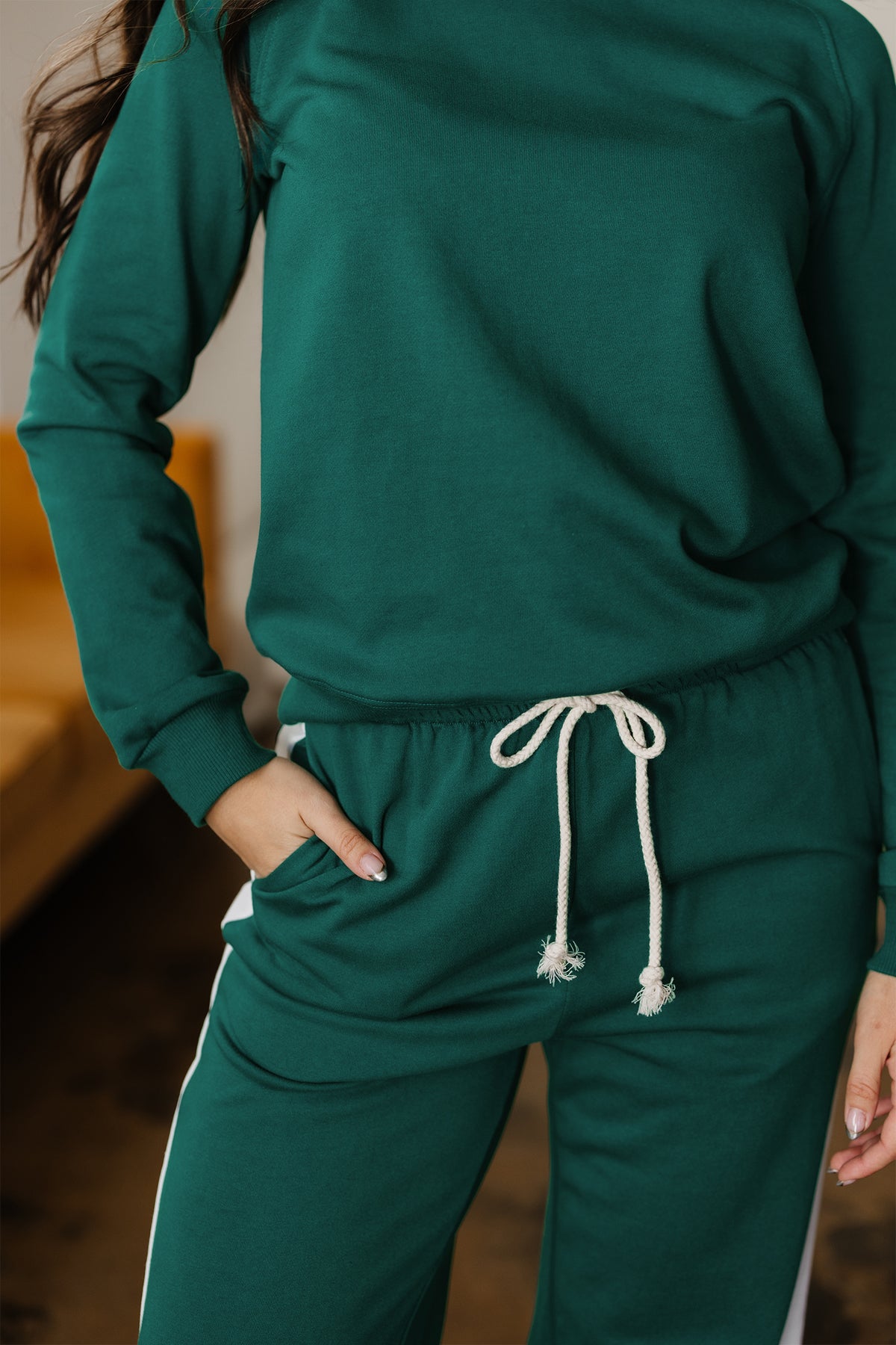 Women's Sea Green Pullover Top Varsity Stripe Detail Pants Set