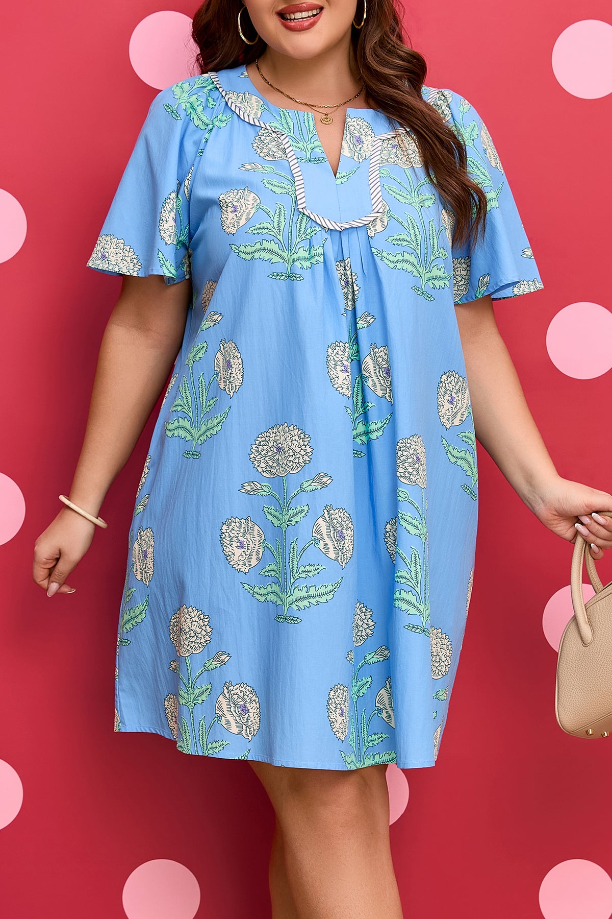Sky Blue Plus Periwinkle Floral Printed Short-Sleeve Striped Trim Split Neck Mini Dress