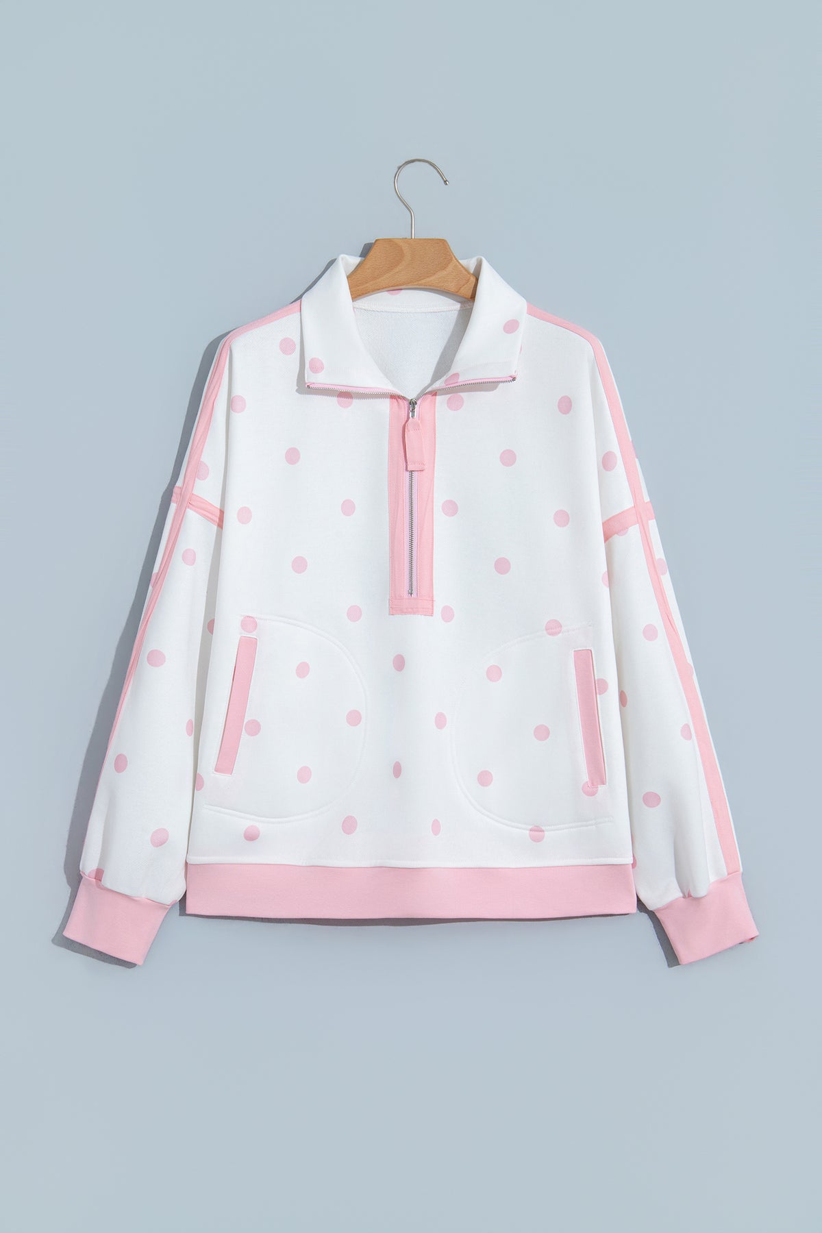 Pink Polka Dot Half Zip Drop Shoulder Sweatshirt