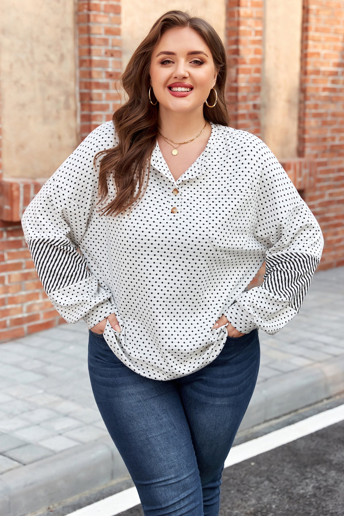 Beige Plus Size Dot Print Striped Patchwork Long-Sleeve Henley Top