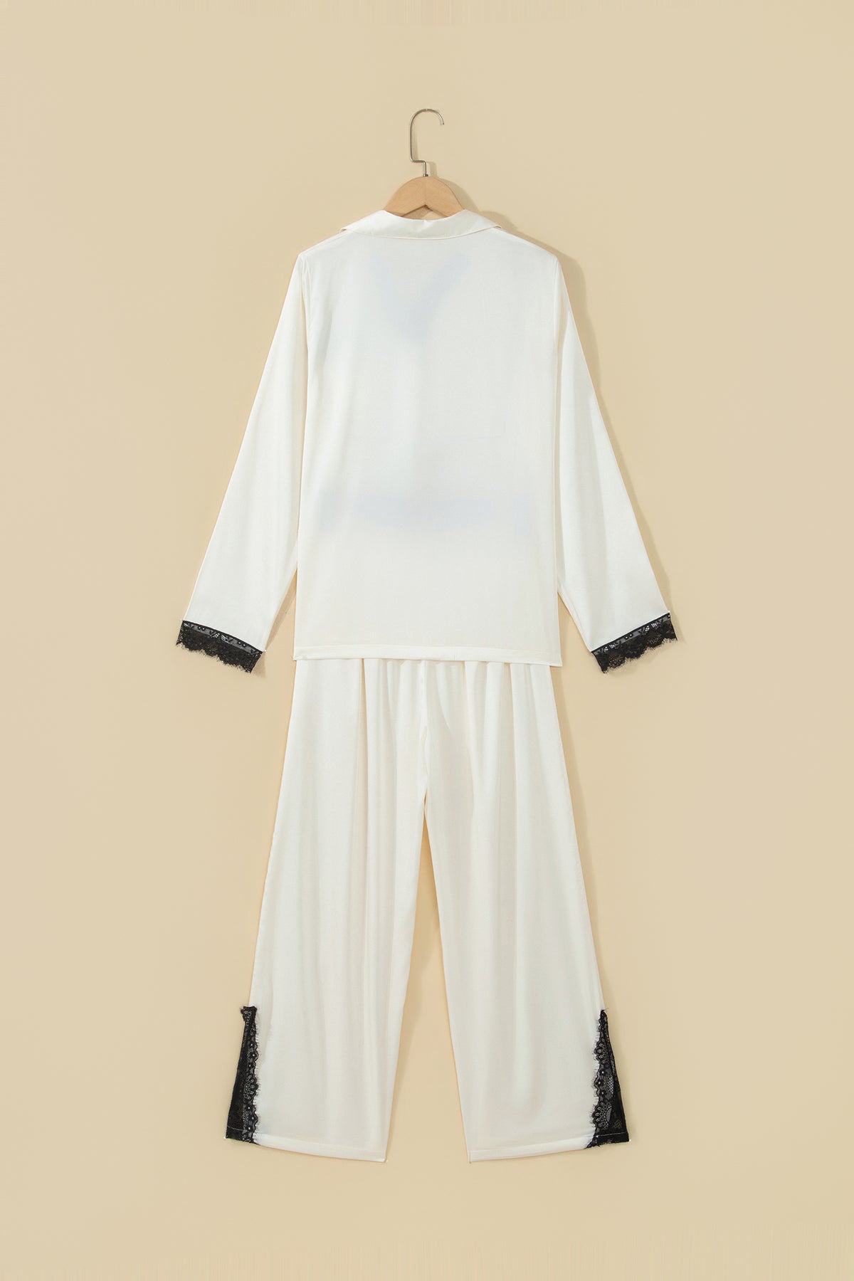 White Long Sleeve Lace Trim Button Front Pajama Set