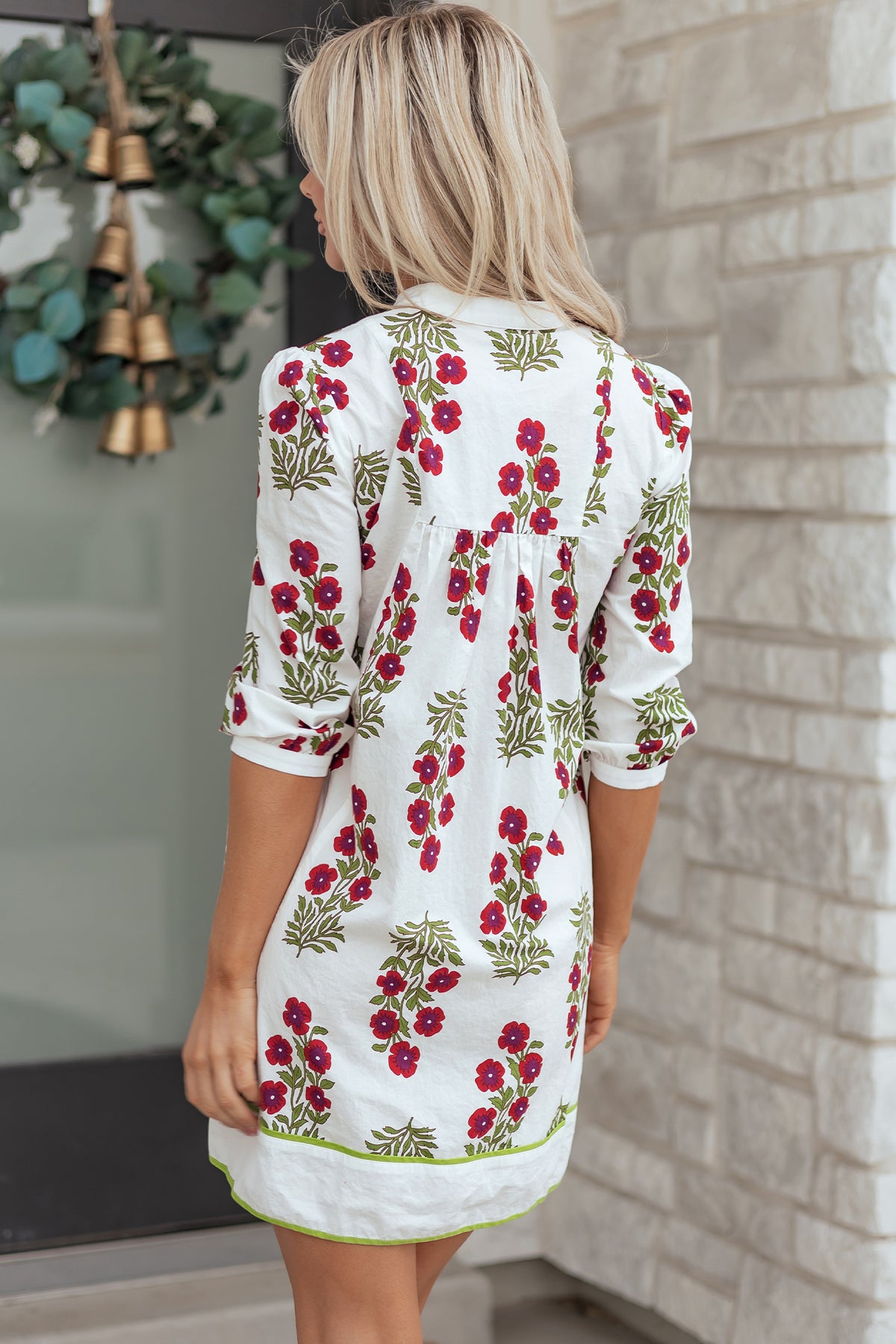 White Frilled V Neck 3/4 Sleeve Loose Floral Dress