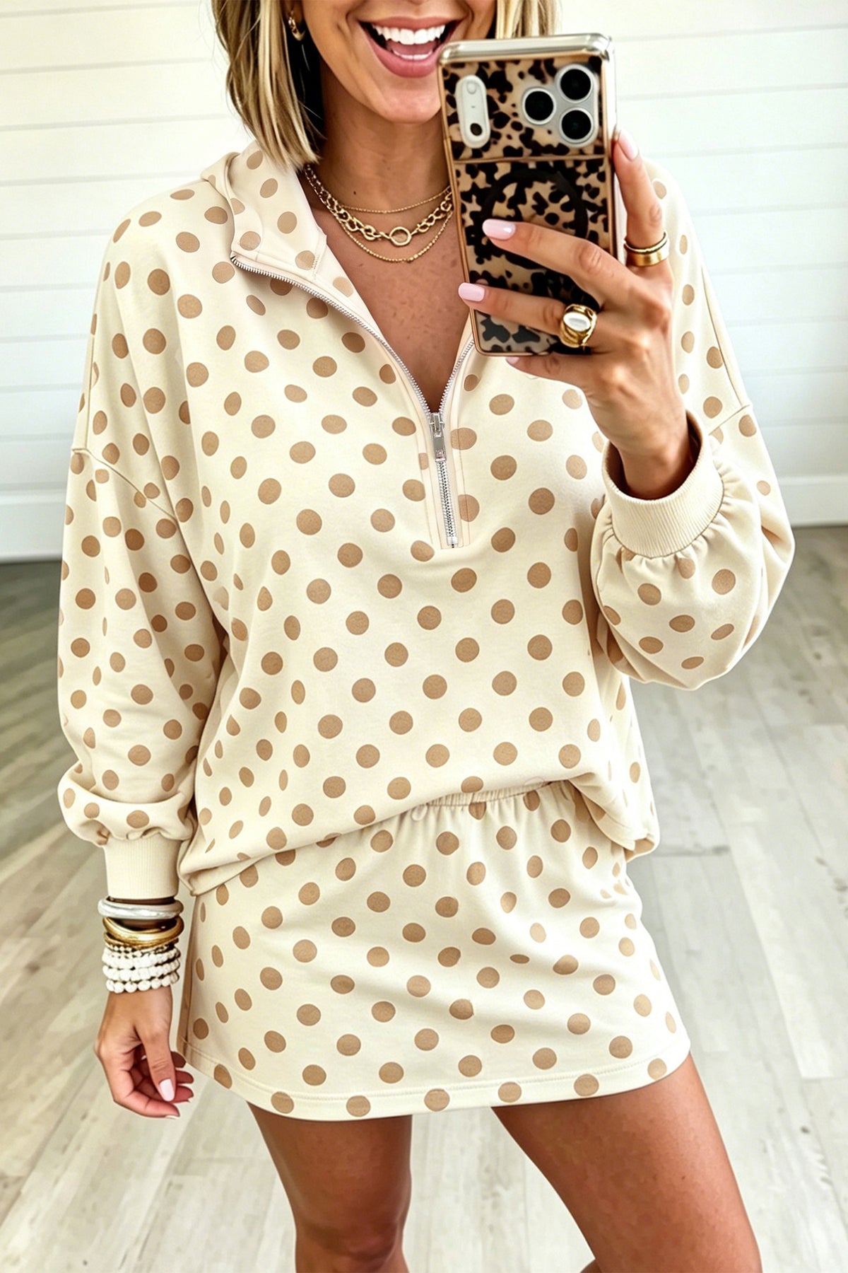 Women's Pink Polka Dot Hooded Long-Sleeve Top Casual Mini Skort Set