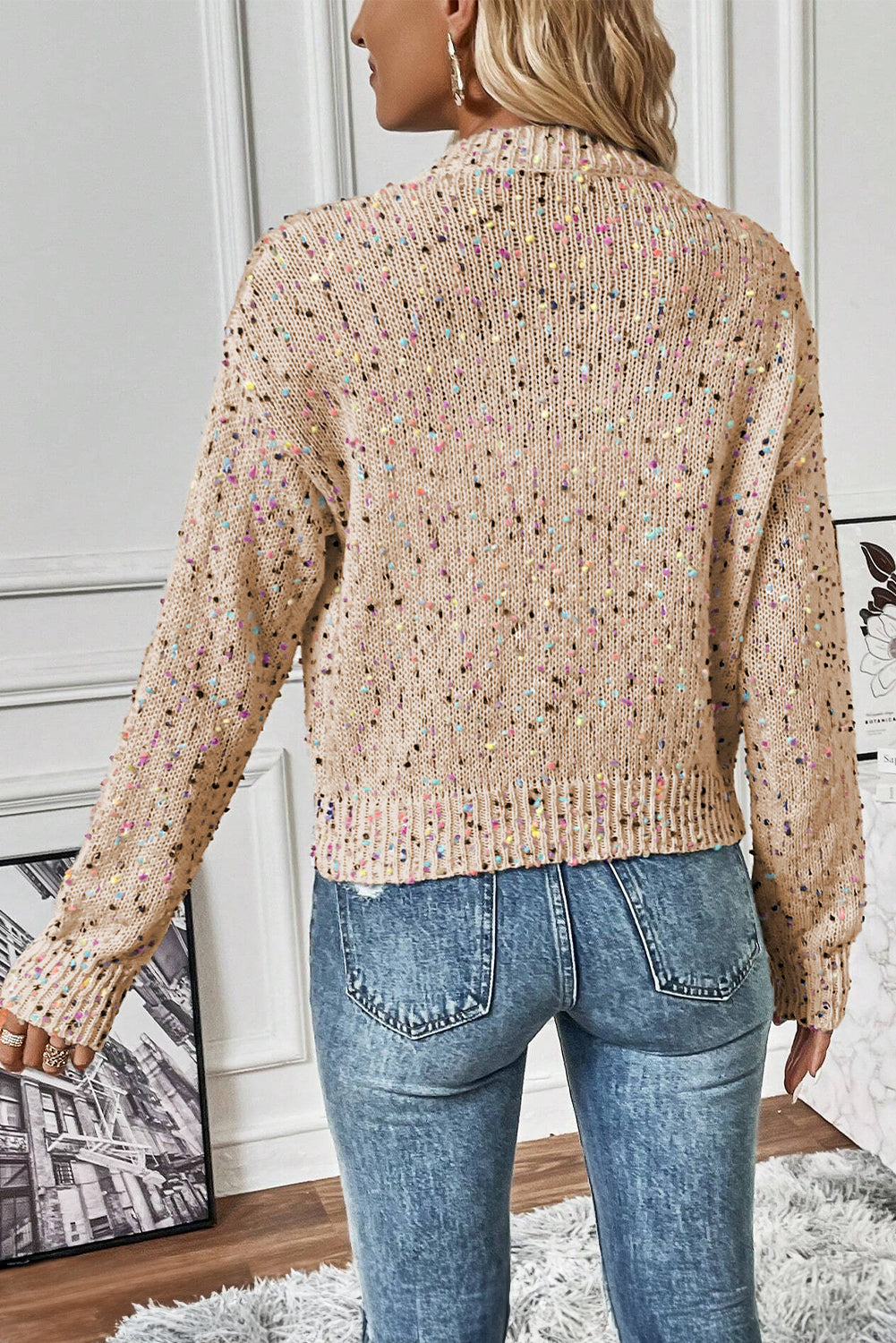 White Rhinestone Decor Multicolor Confetti Sweater Cardigan