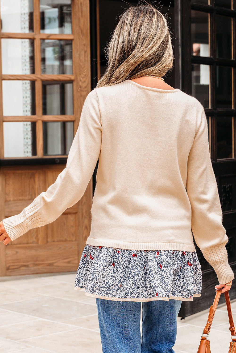 Beige Cable Texture Bohemian Ruffle Hem Patchwork Sweater