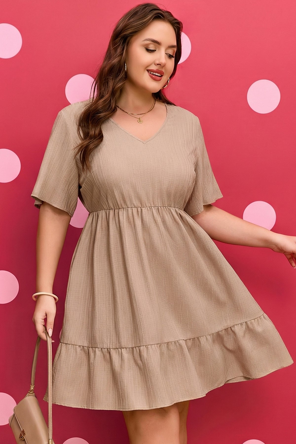 Dark Khaki Plus Size Textured Ruffled Short-Sleeve Dress