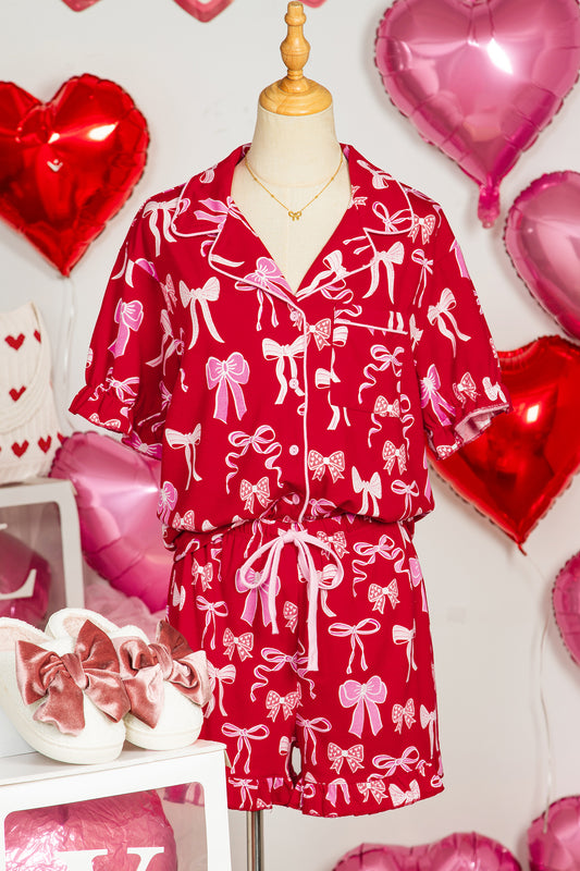 Red Sweet Bow Print Ruffled Short Sleeve Shirt Shorts Pajama Set