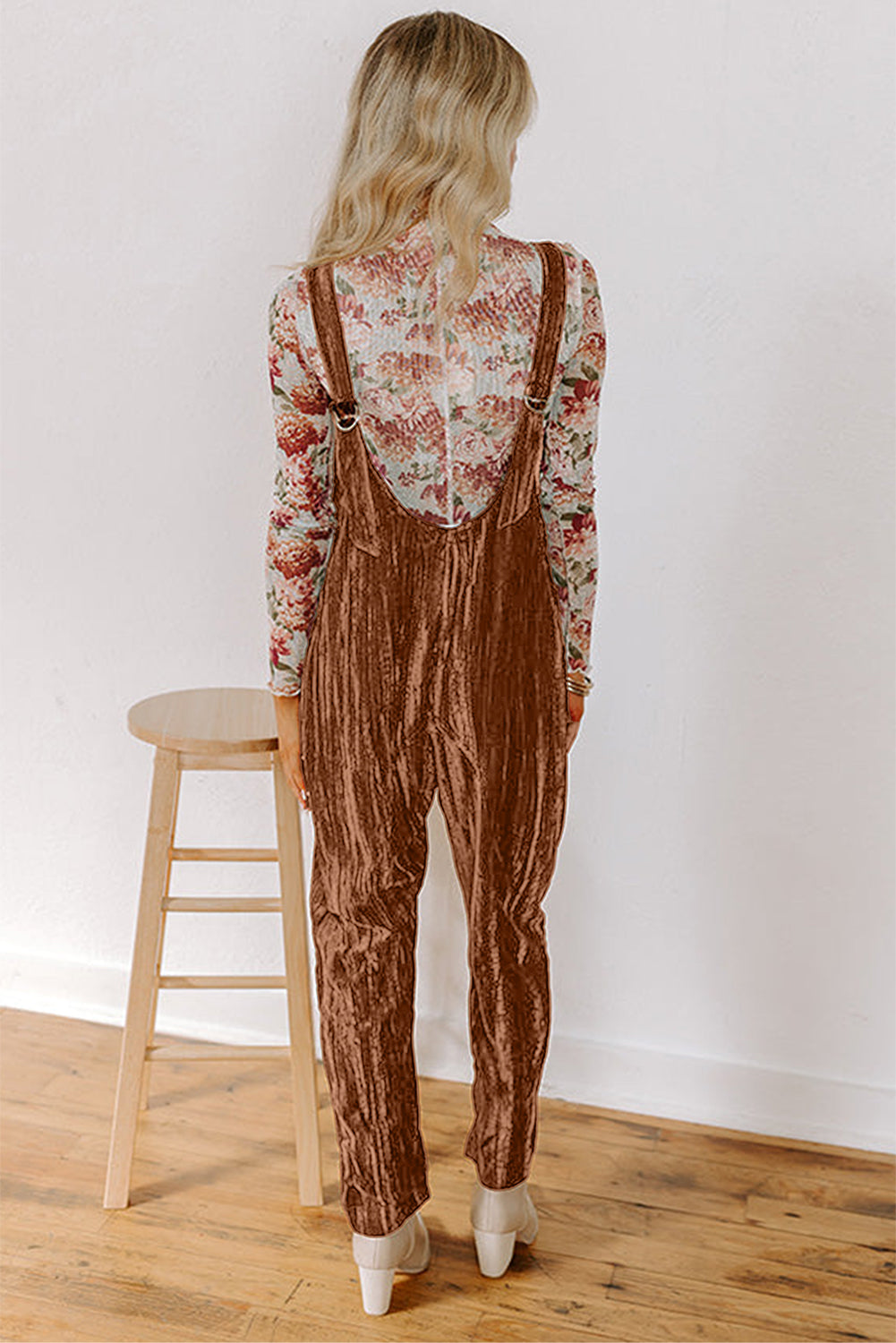 Chicory Coffee Velvet Adjustable Straps Patched Pocket Jumpsuit