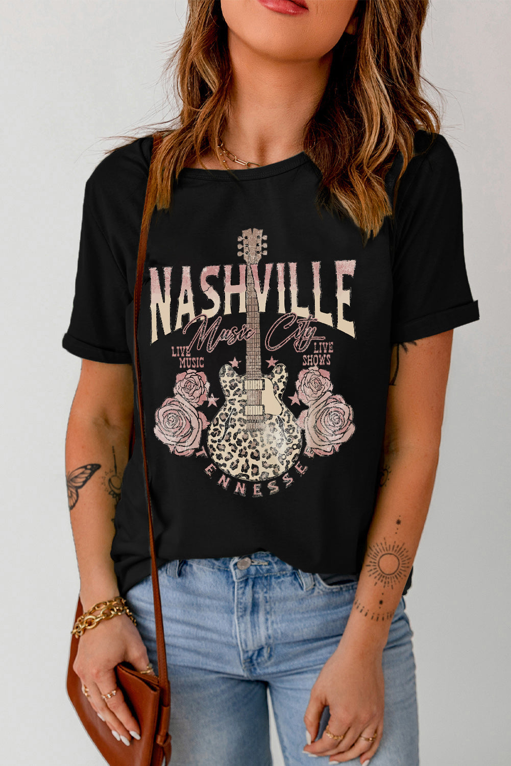 Black Nashville Music City Leopard Guitar Graphic T-Shirt